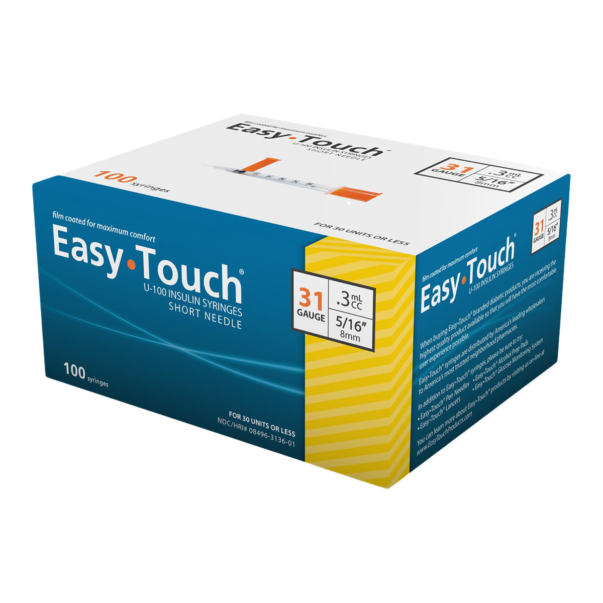 EasyTouch Insulin Syringe 31G x 5/16" Needle Length, 3/10cc Volume