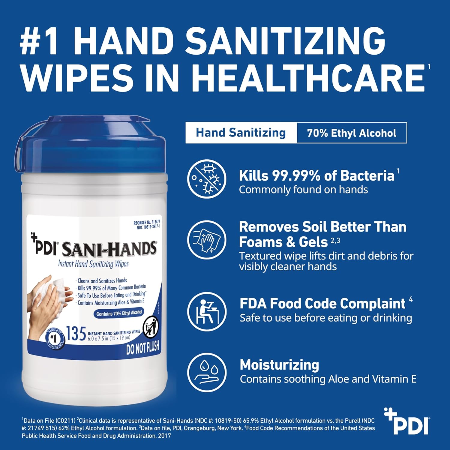 PDI SaniHands ALC Antimicrobial Alcohol Gel Hand Wipes, 135 Count Canister – Kills 99.99% Germs, Moisturizing Formula for Healthcare & Home Use