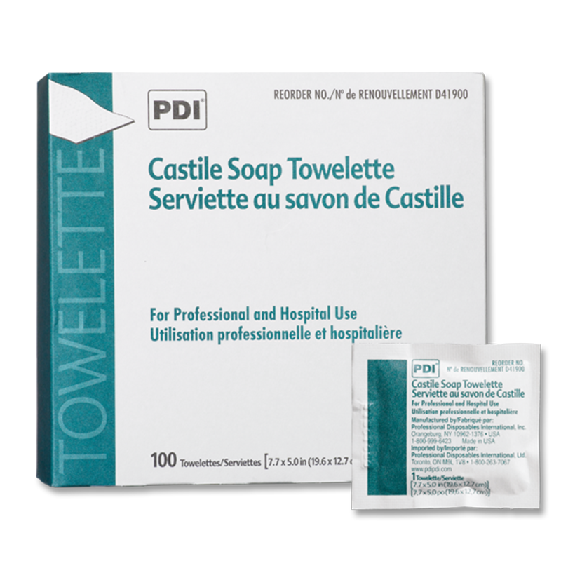PDI Healthcare D41900 Castile Soap Wipe with Coconut Oil, Premoistened Facial Cleansing Towelette for Travel, 5 in x 7.7 in Size, Pack of 100