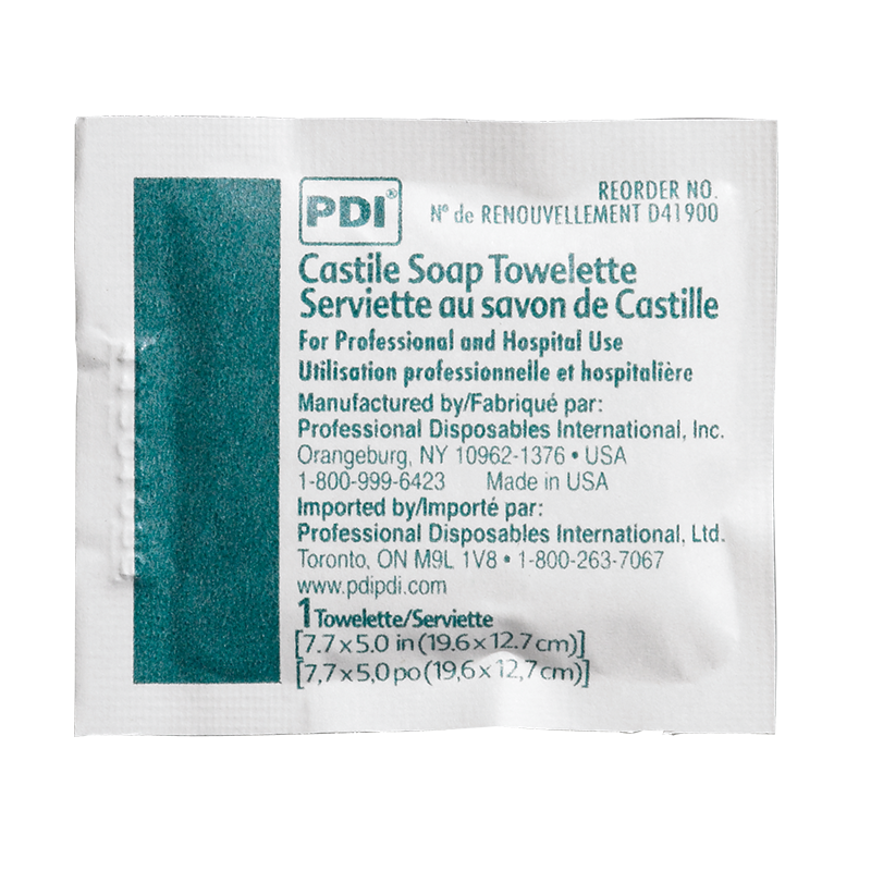 PDI Healthcare D41900 Castile Soap Wipe with Coconut Oil, Premoistened Facial Cleansing Towelette for Travel, 5 in x 7.7 in Size, Pack of 100