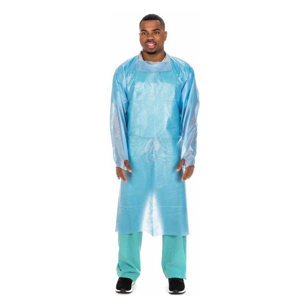 Cardinal Health Poly-Coated Open-Back Protective Gown, AAMI Level 4, with Knit Cuffs, Blue, Universal