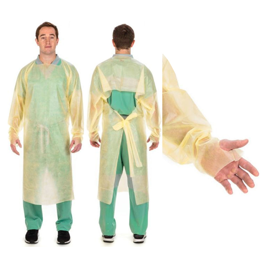 Non-Surgical Poly-Coated Isoloation Gown, Open-Back, Over-the-Head, Non-Sterile, Yellow, Universal Size 10 Pack