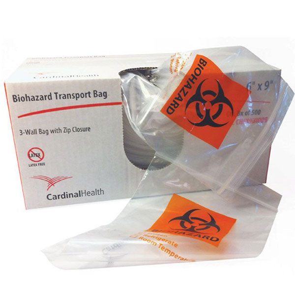 Cardinal Health Zip Closure Specimen Transport Bag with Biohazard Logo, Clear, 6" x 9"