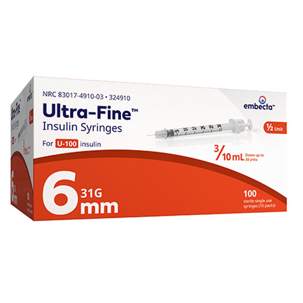 Ultra-Fine Insulin Syringe with Half-Unit Scale 31G x 6 mm, 3/10 mL (100 count) 100 Box