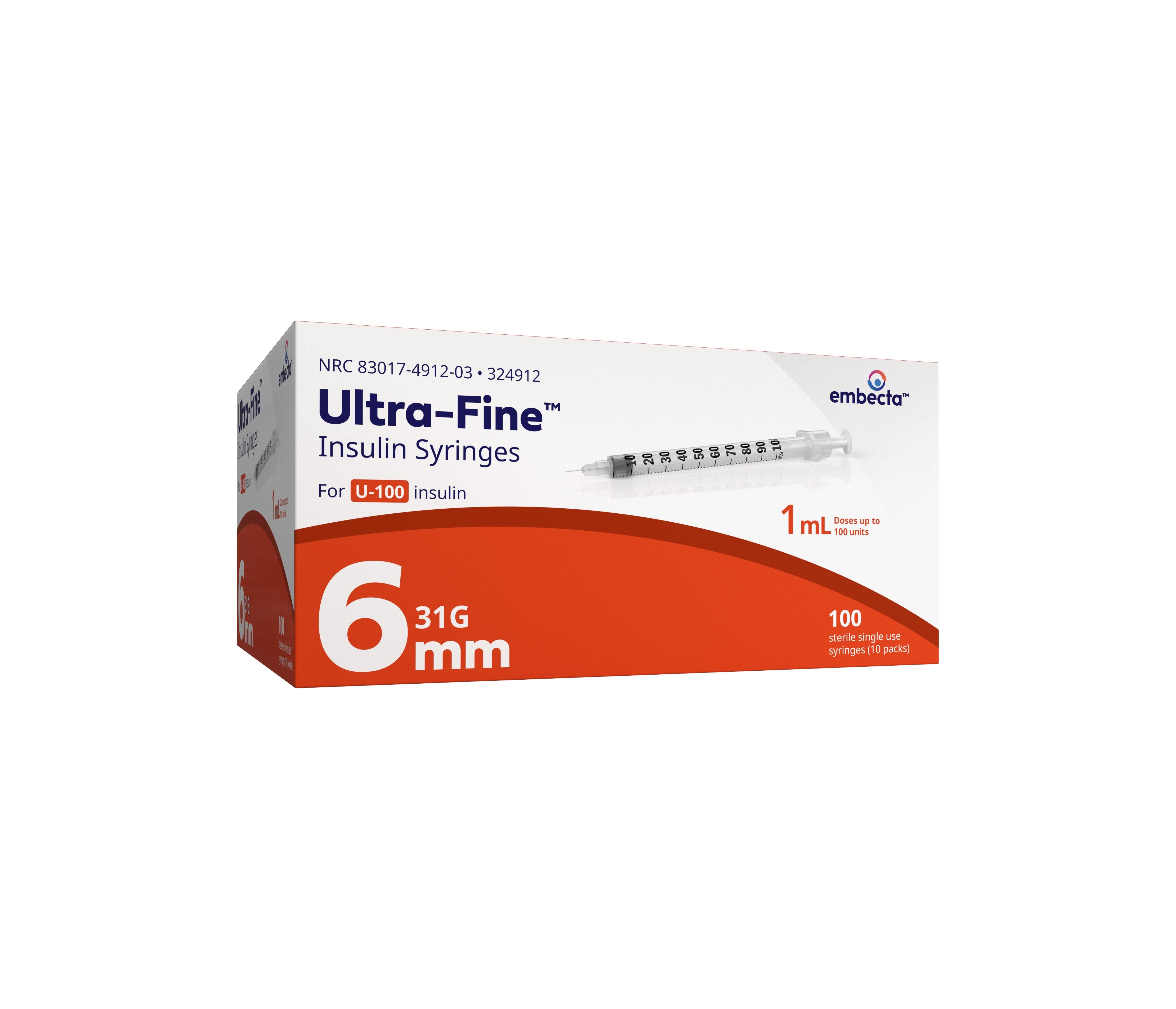 Ultra-Fine Insulin Syringe with Half-Unit Scale 31G x 6 mm, 1 mL (100 count) 100 Box