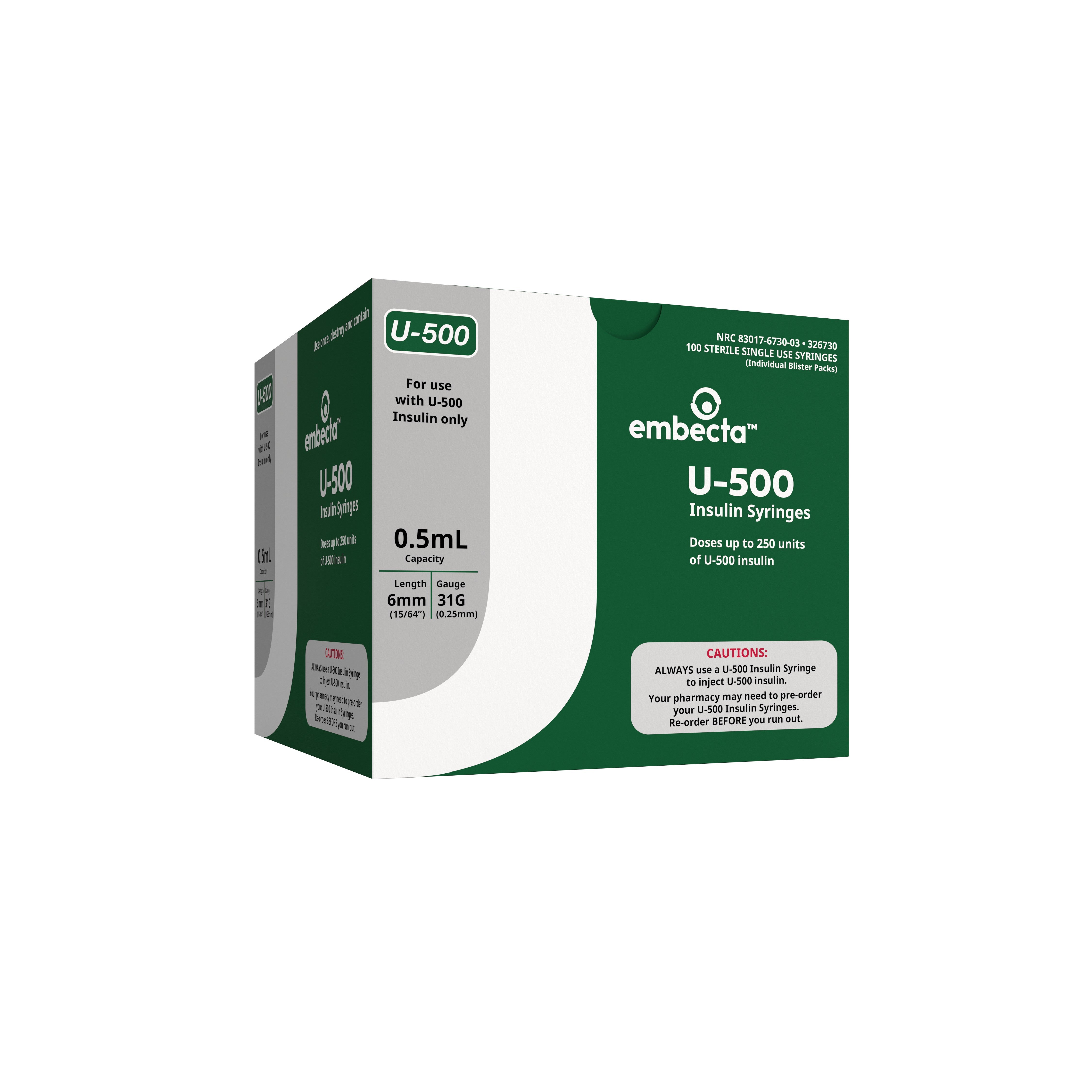 Ultra-Fine U-500 Insulin Syringe 31G x 6 mm, 1/2 mL (100 count) 100 Box