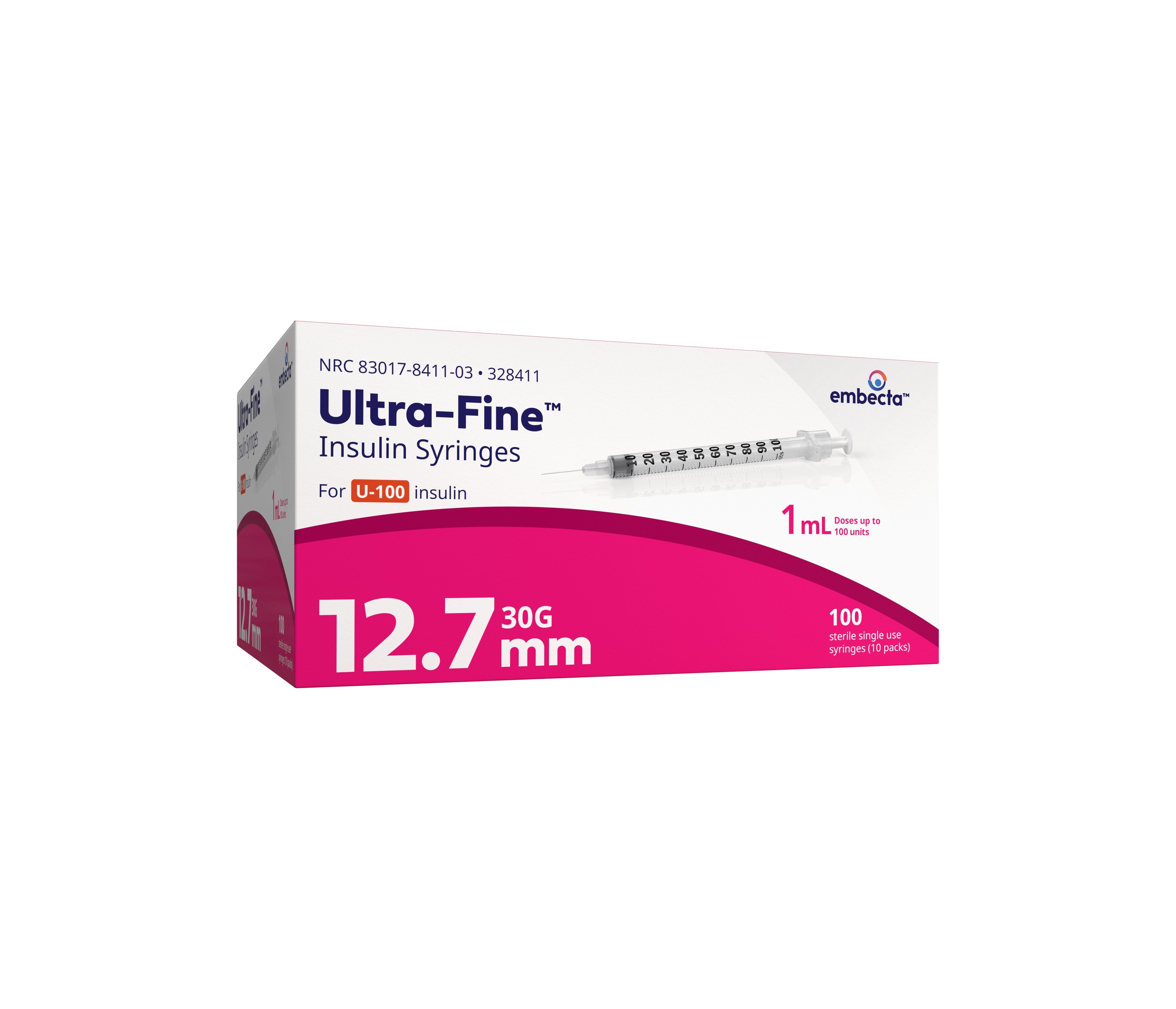 Insulin Syringe with Ultra-Fine Needle 30G x 1/2", 1 mL (100 count) 100 Box
