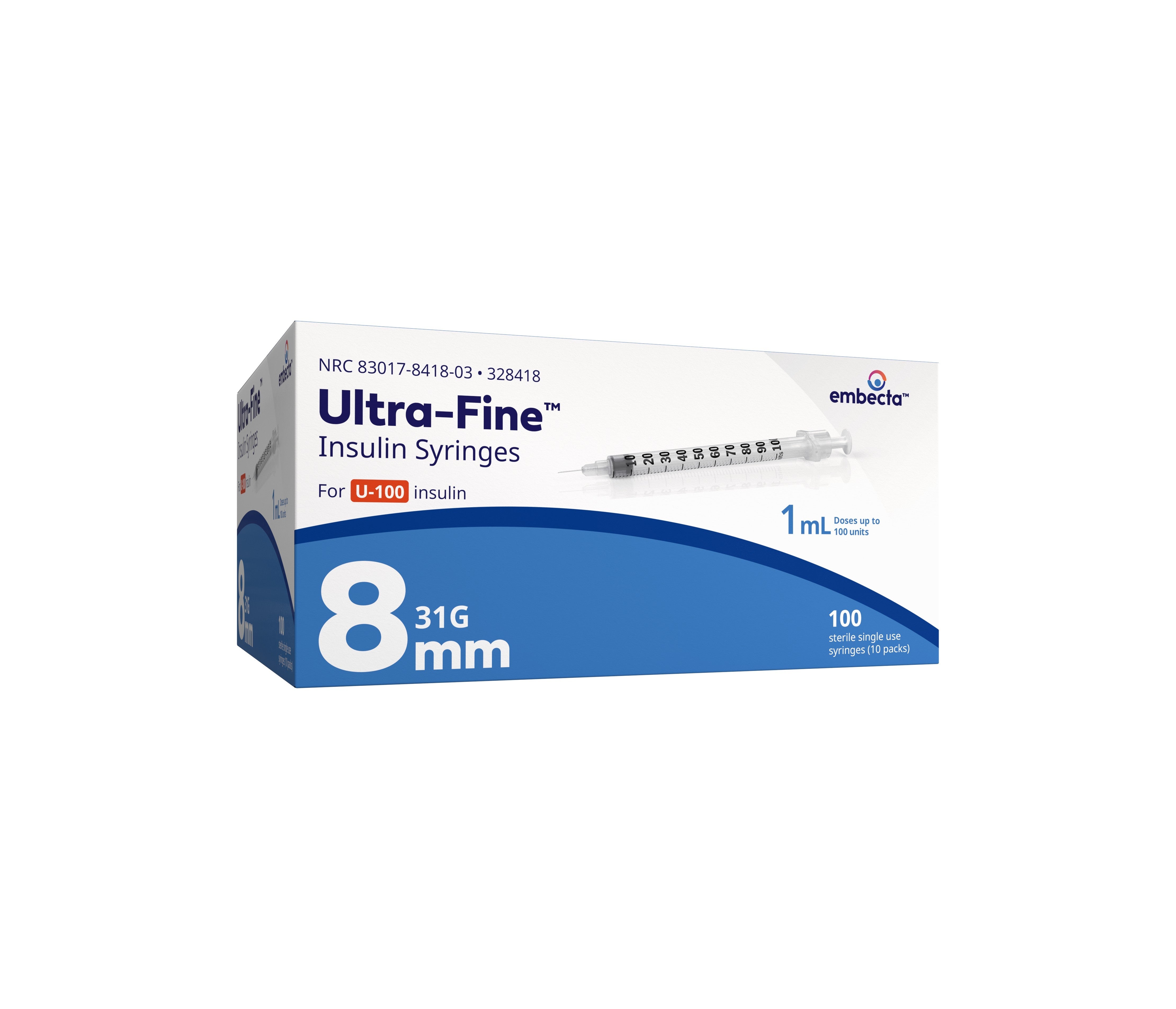 Insulin Syringe with Ultra-Fine Needle 31G x 5/16", 1 mL (100 count) 100 Box