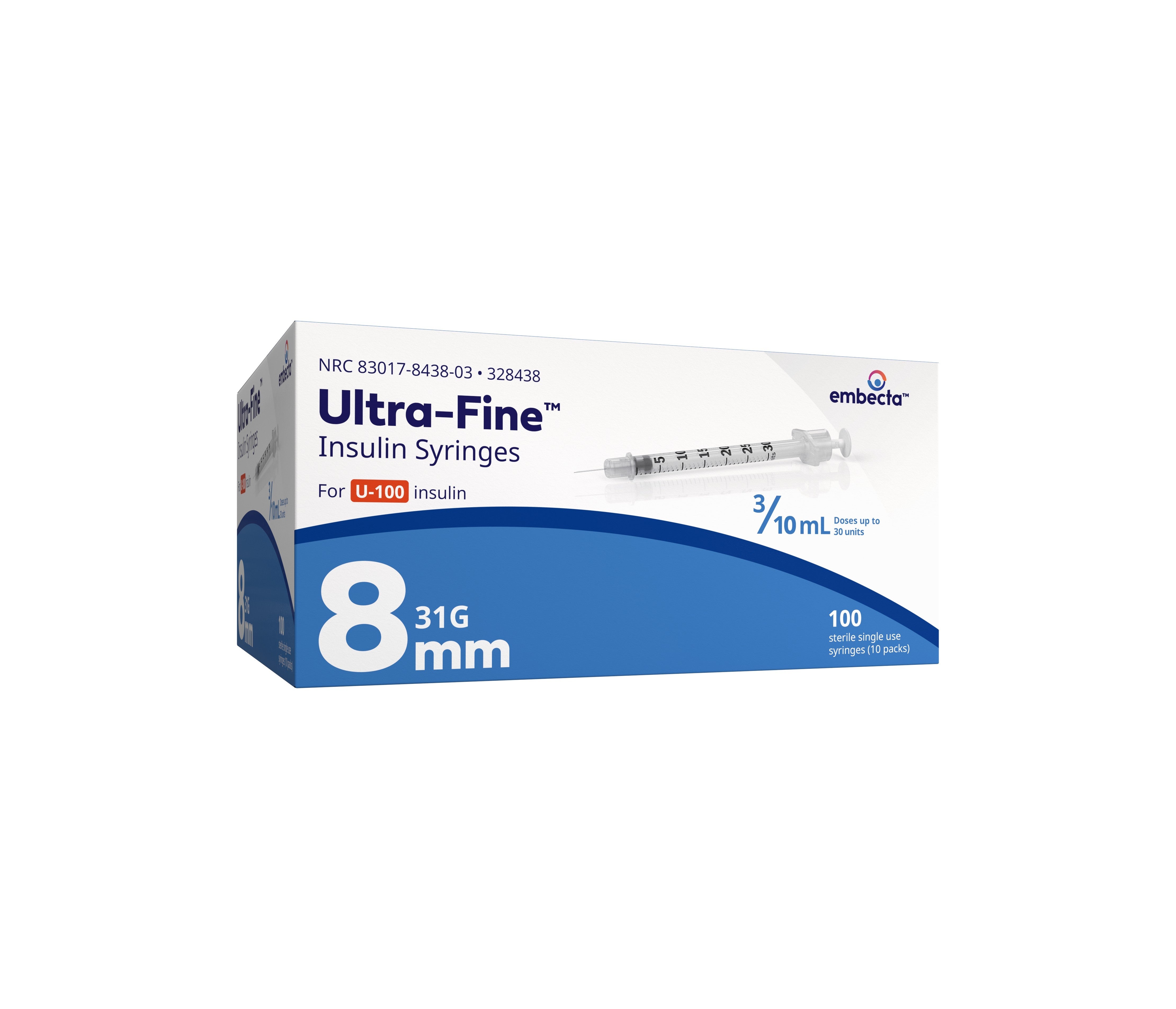 Insulin Syringe with Ultra-Fine Needle 31G x 5/16", 3/10 mL (100 count) 100 Box