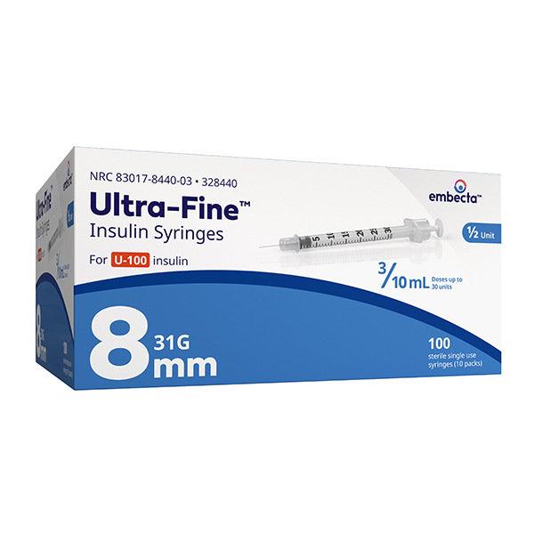 Insulin Syringe with Ultra-Fine II Needle 31G x 5/16", 3/10 mL (100 count) 100 Box