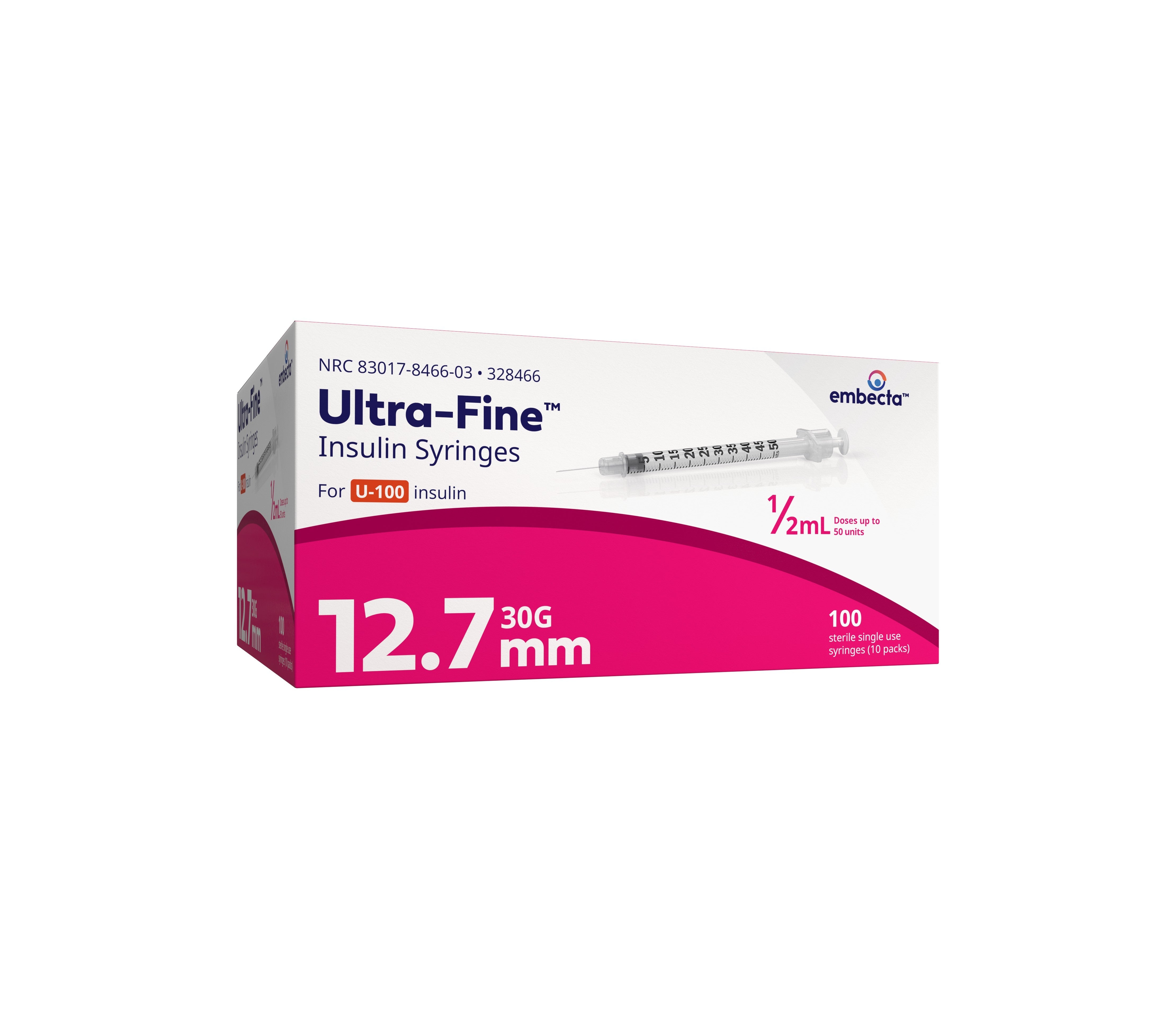Insulin Syringe with Ultra-Fine Needle 30G x 1/2", 1/2 mL (100 count) 100 Box