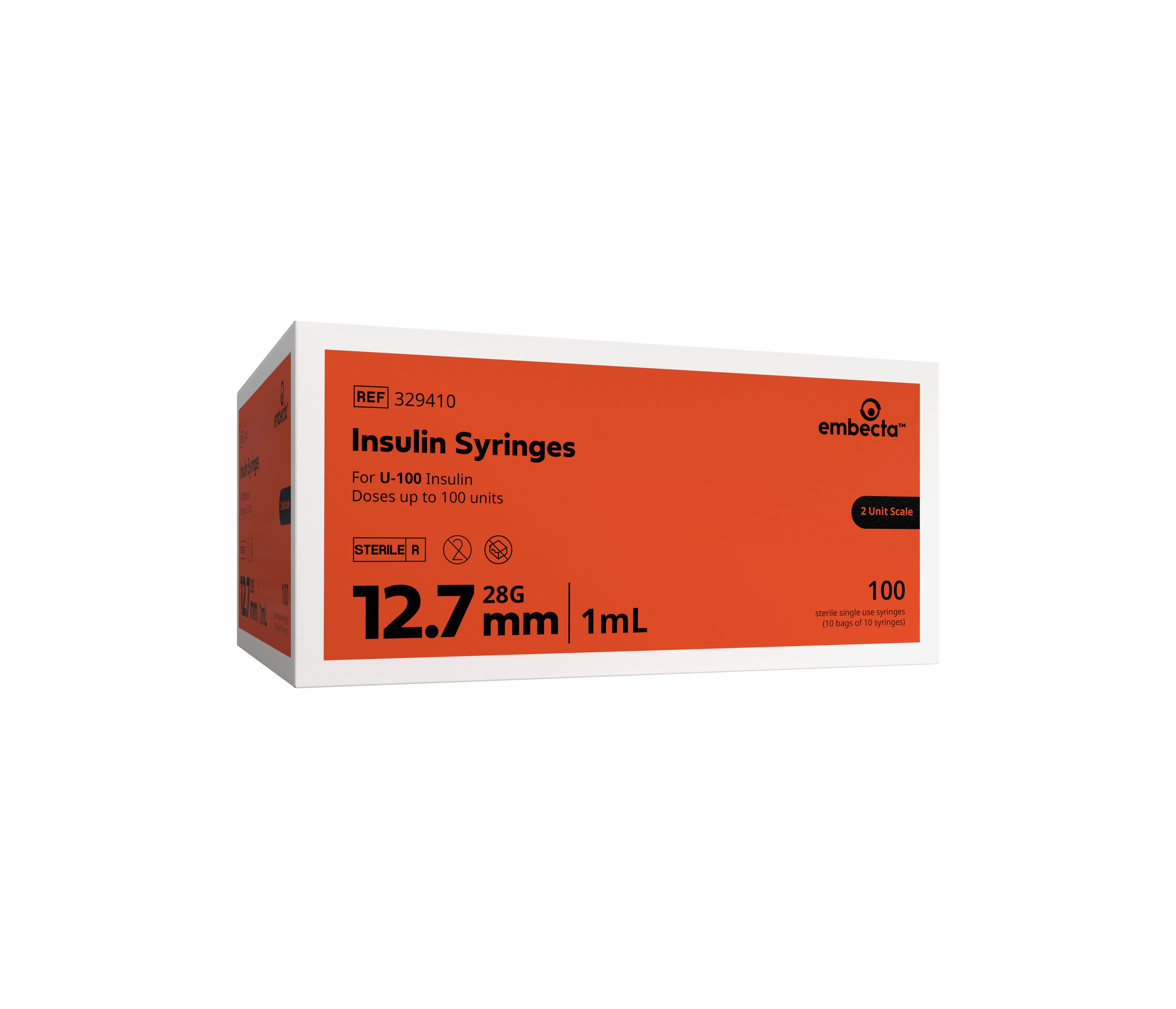 U-100 Insulin Syringe with Micro-Fine IV Needle 28G x 1/2", 1 mL (100 count) 100 Box