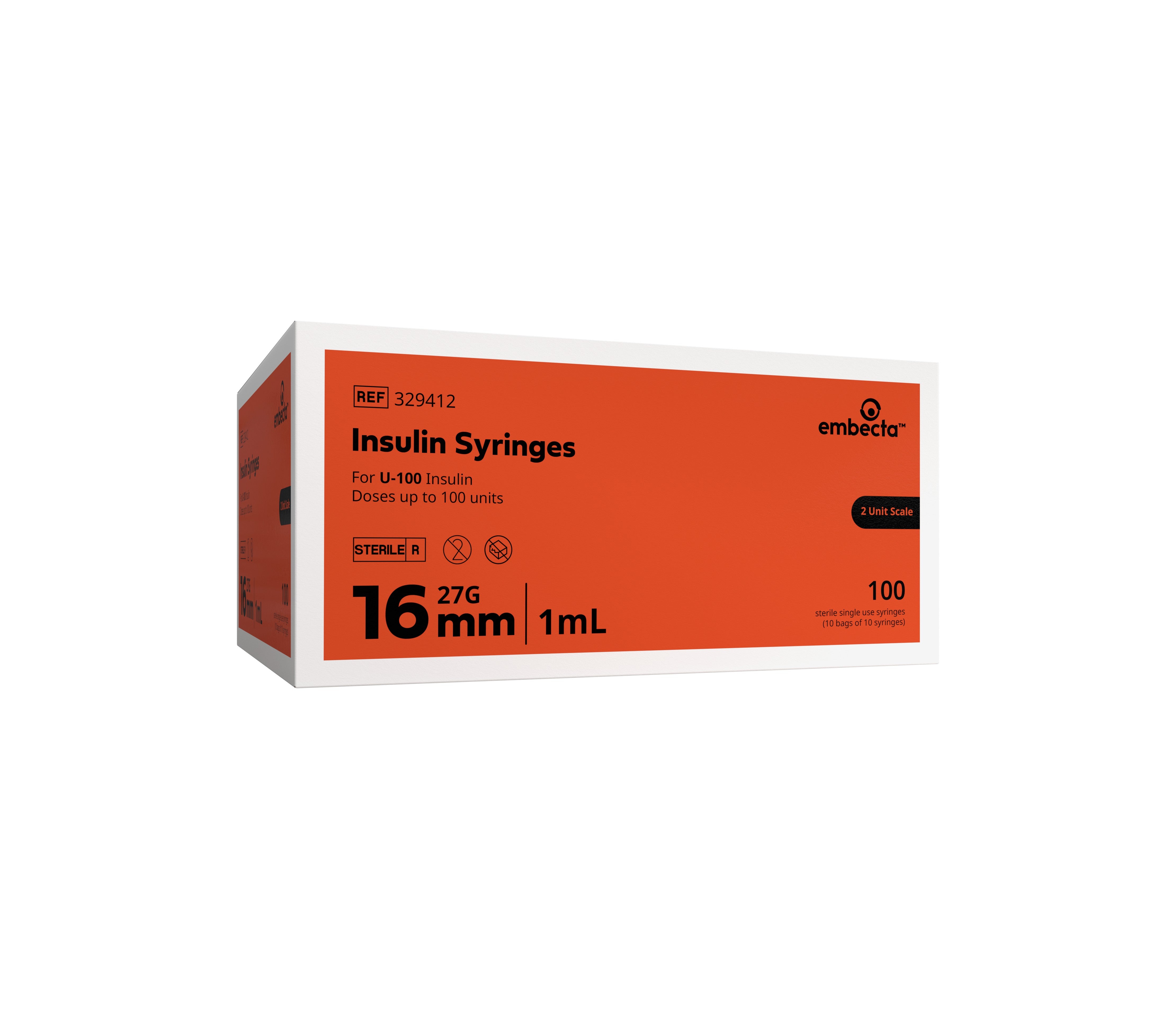 U-100 Insulin Syringe with Micro-Fine IV Needle 27G x 5/8", 1 mL (100 count) 100 Box