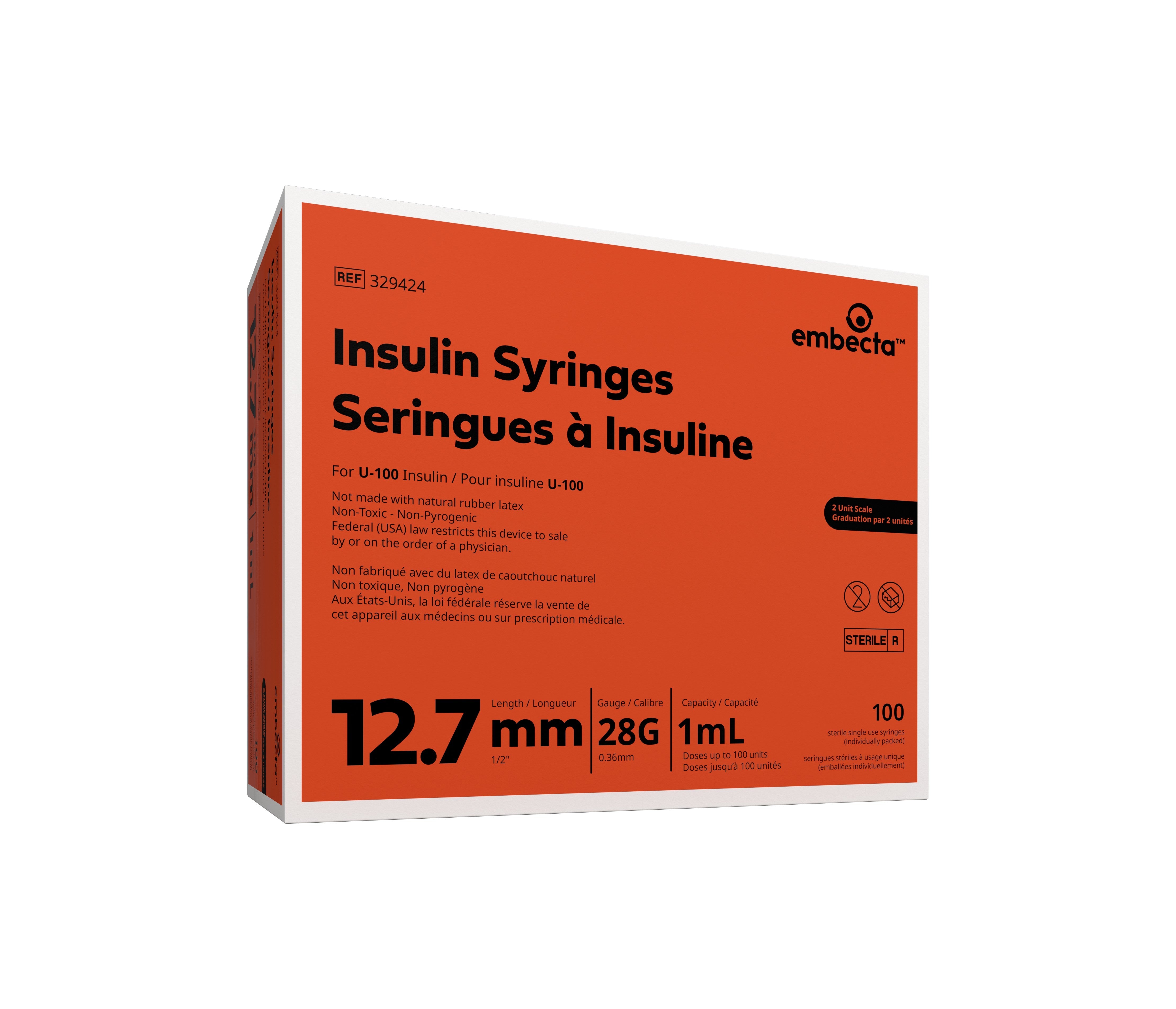 U-100 Insulin Syringe with Micro-Fine IV Needle 28G x 1/2", 1 mL (100 count) 100 Box