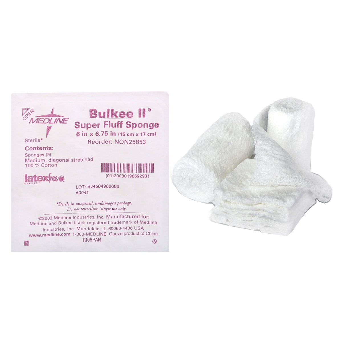 Bulkee II Extra Absorbent Super Fluff Sponge, 6" x 6.75", Sterile 5's 5 Pack