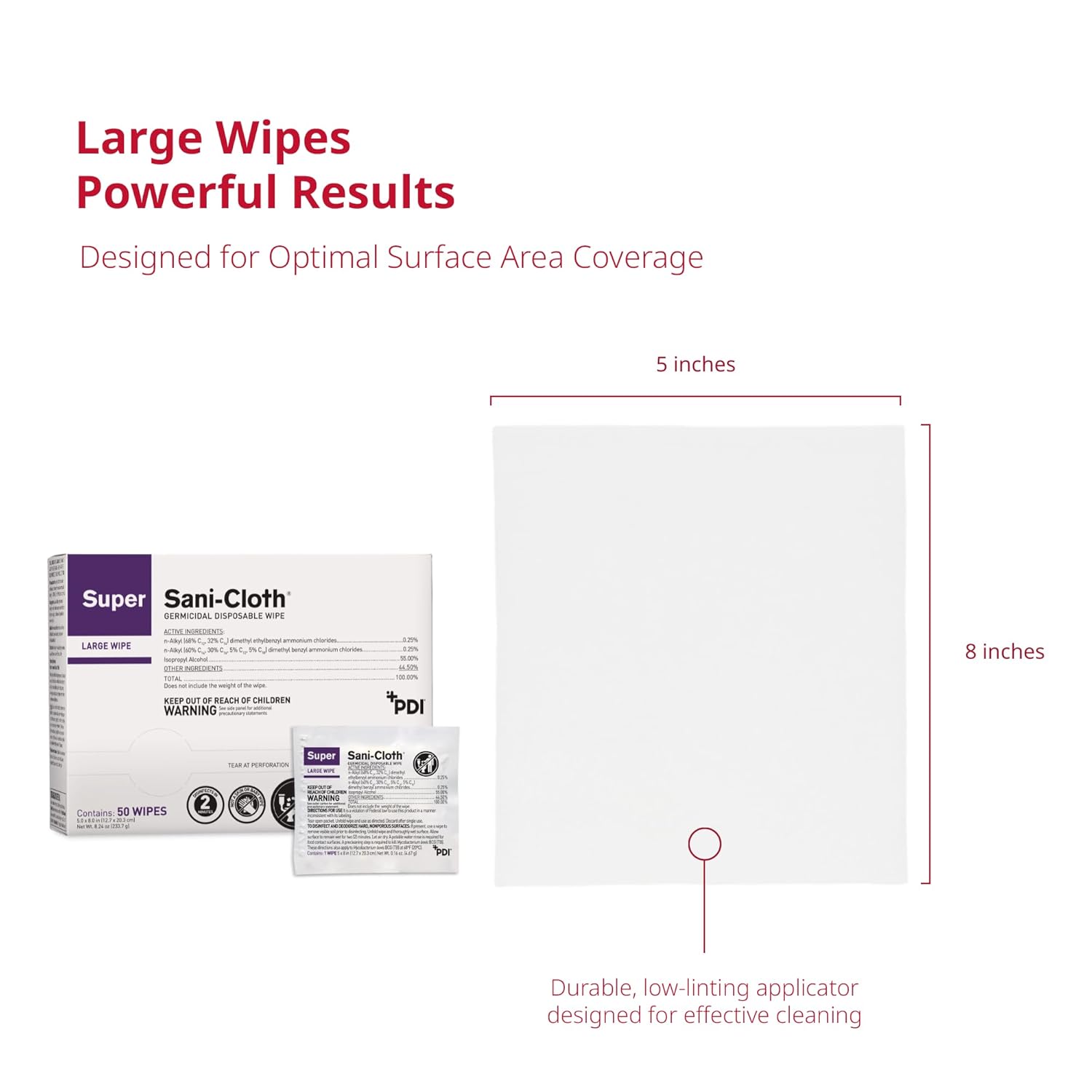 PDI Super Sani-Cloth Germicidal Disposable Wipe, Large, Individual, 5" x 8"