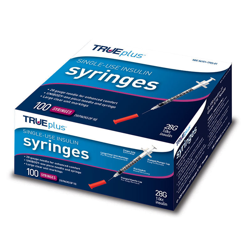 Trueplus Single-Use Insulin Syringe, 28G x 1/2", 1 mL (100 Count) 100 Box