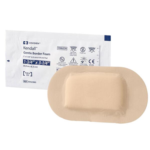Cardinal Health Kendall Foam Border Gentle Silicone Adhesion Dressing, 1.75" x 3.25"
