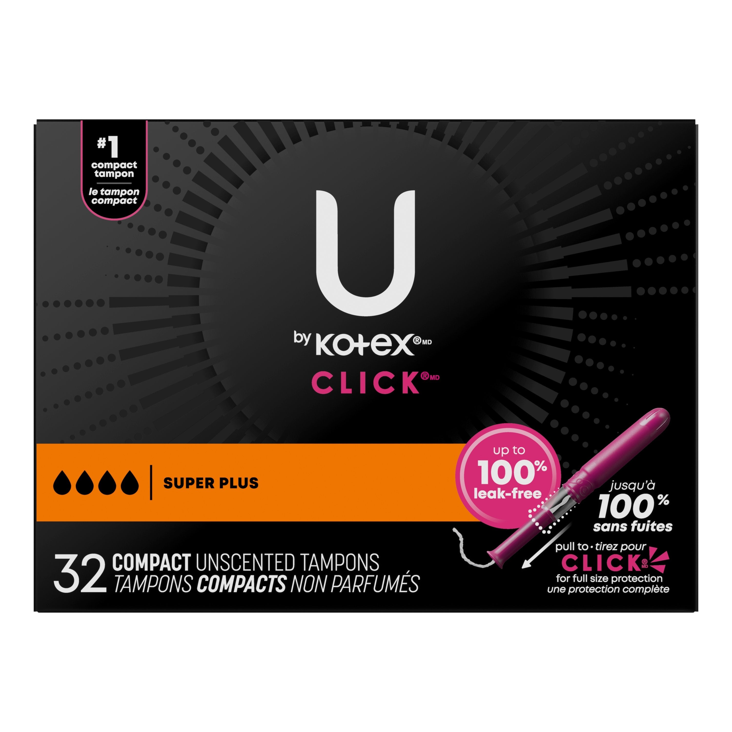 U by Kotex Click Compact Tampons, Super Plus, Unscented, 32 Count 32 Box