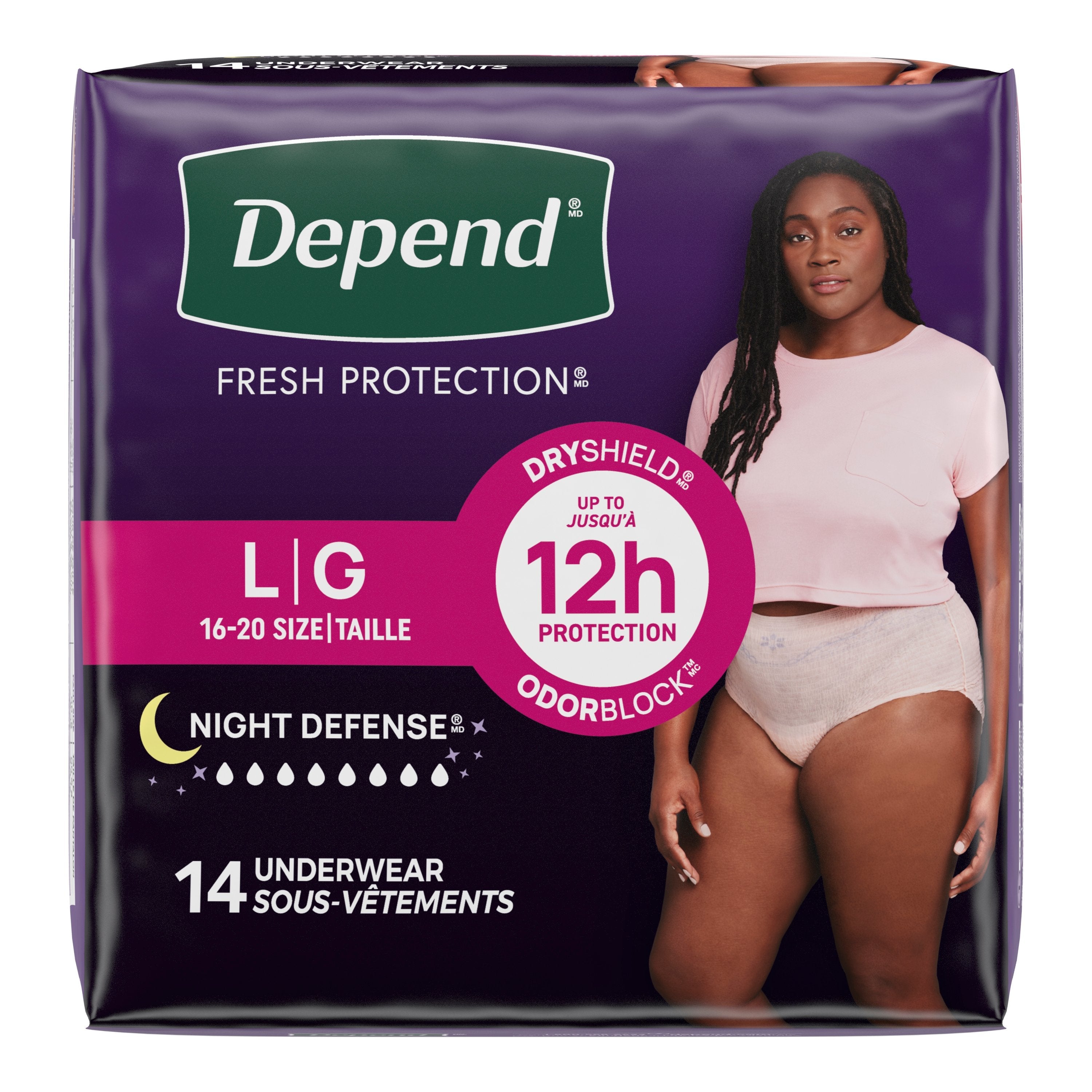 Depend Night Defense Underwear For Women, Overnight Absorbency, Blush, Large, 38" - 44" Waist. REPLACES 6945599 14 Pack
