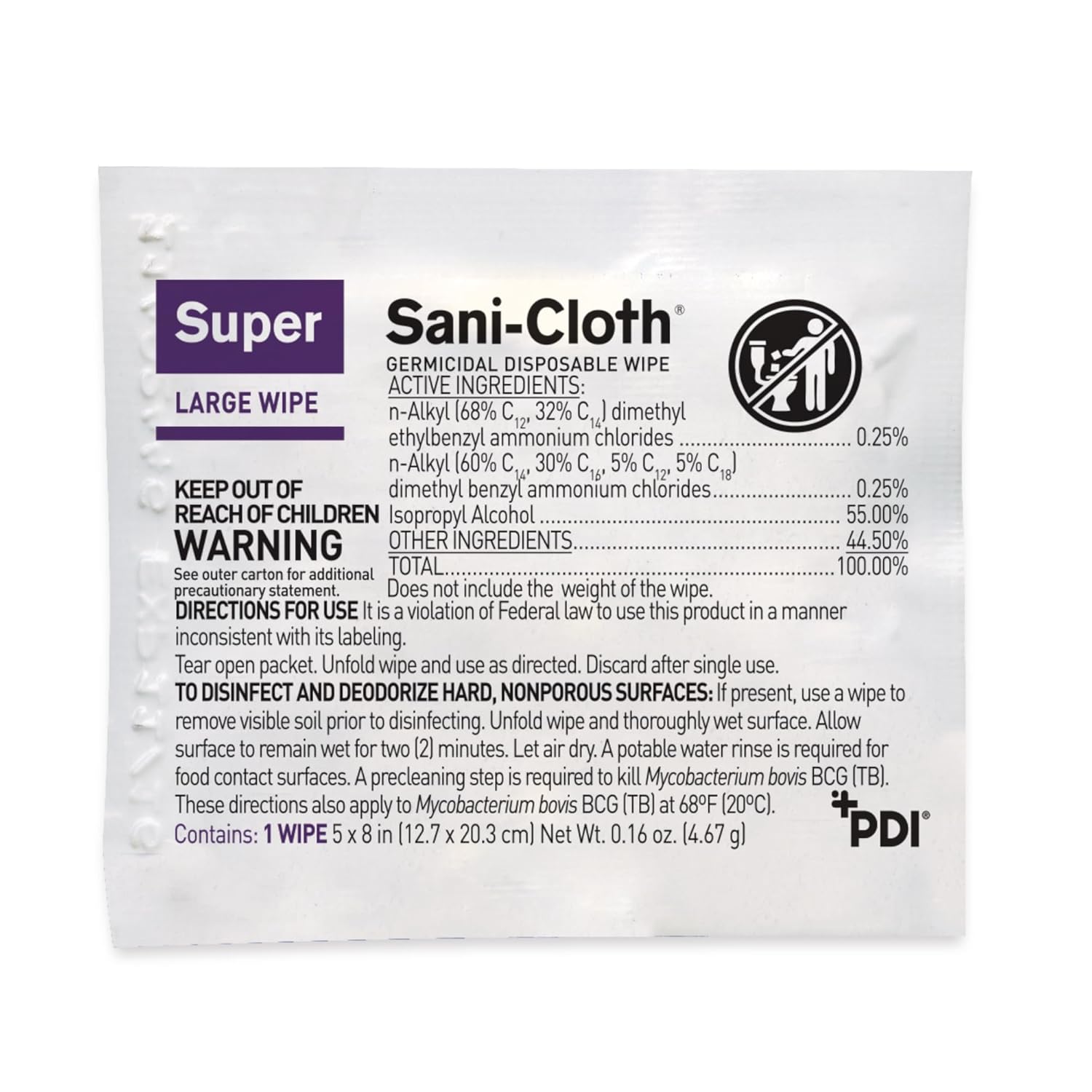 PDI Super Sani-Cloth Germicidal Disposable Wipe, Large, Individual, 5" x 8"