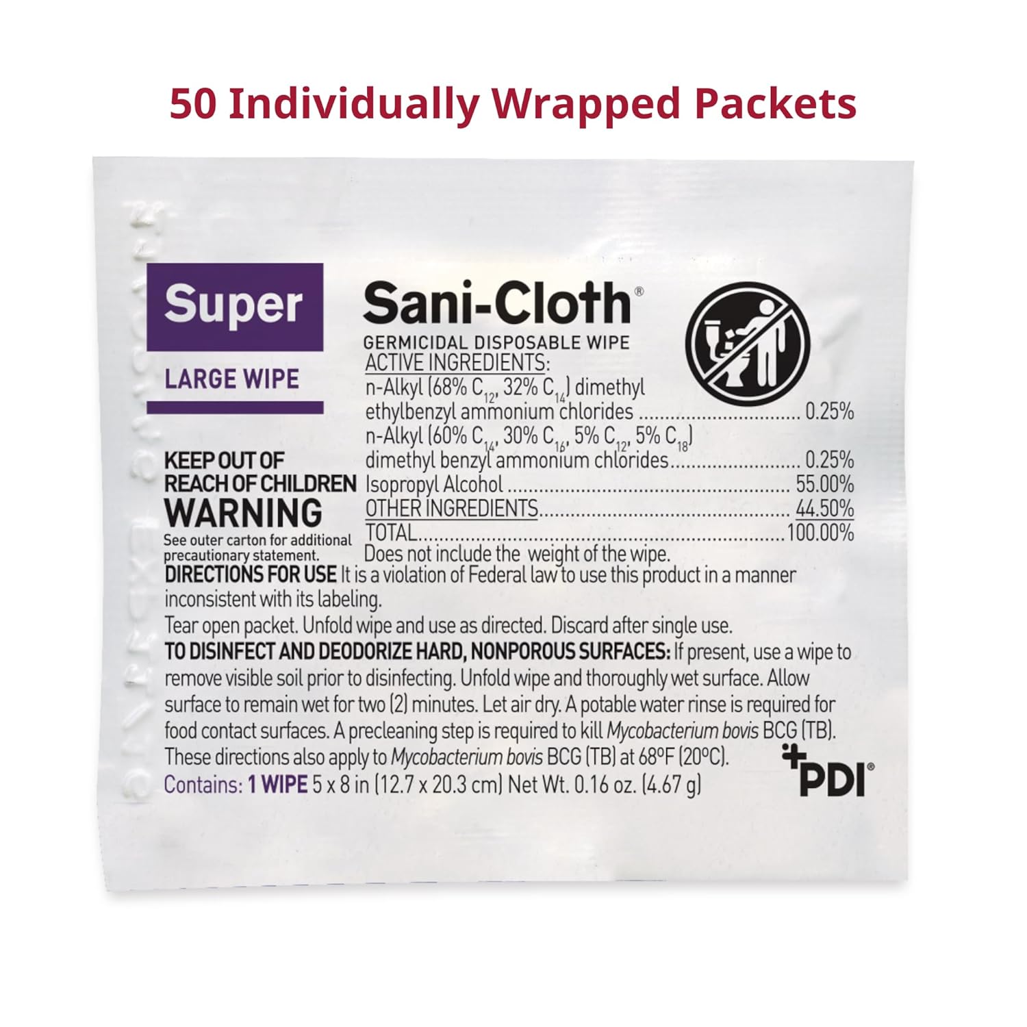 PDI Super Sani-Cloth Germicidal Disposable Wipe, Large, Individual, 5" x 8"