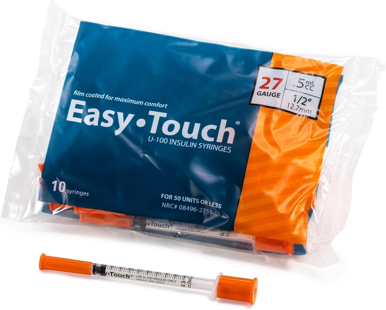 EasyTouch Insulin Syringe 27G x 1/2", 0.5 mL