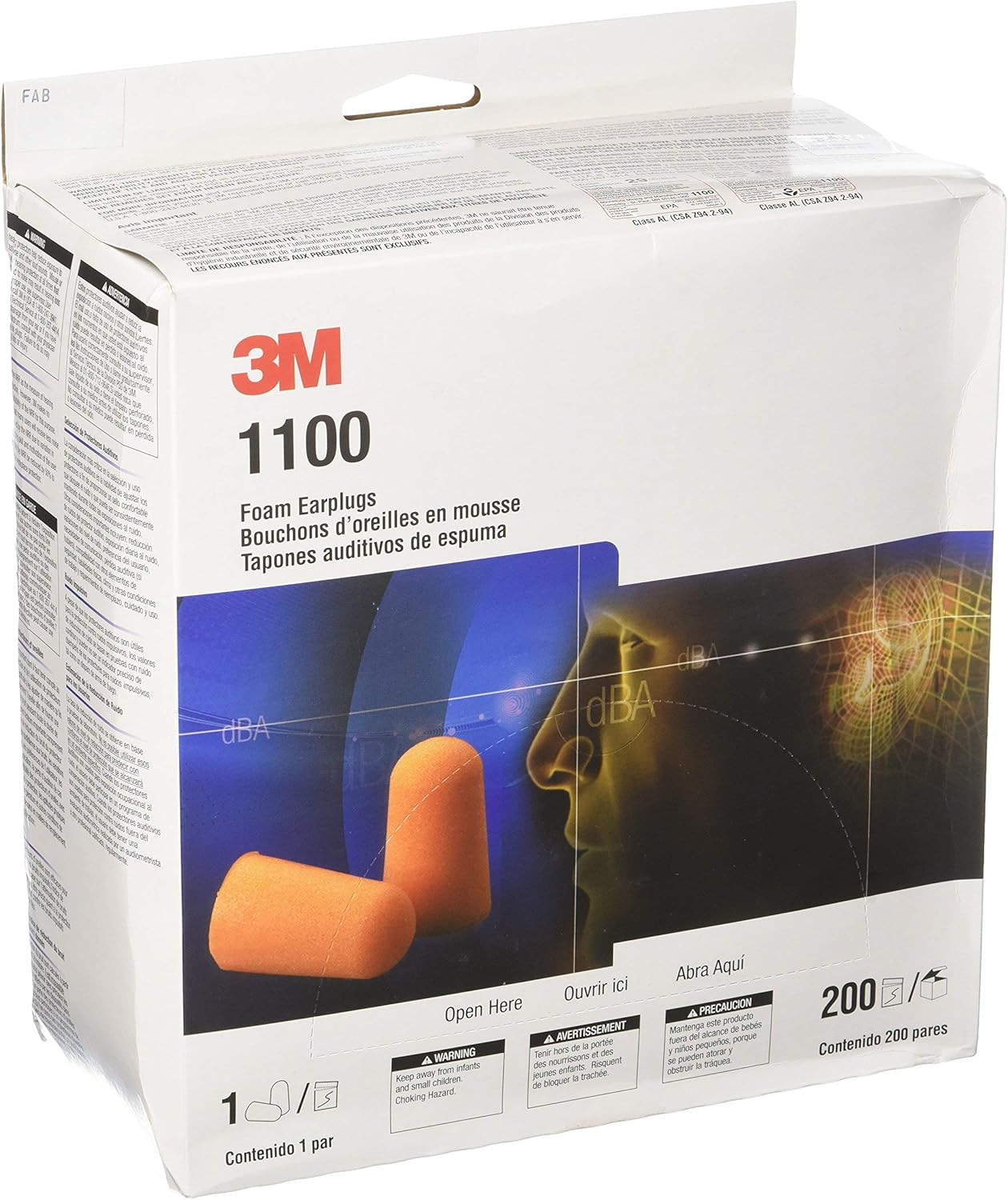 3M Foam Earplugs 1100, Uncorded, NRR 29 dB, Orange 200 Pack