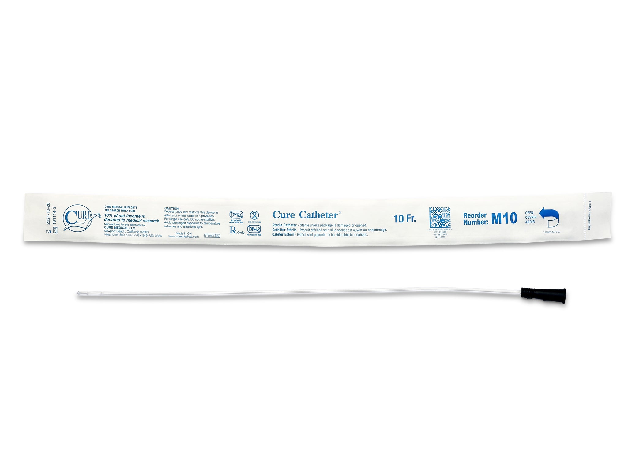 Cure Catheter Uncoated, Single, Male, 16" Straight Tip, 10 FR