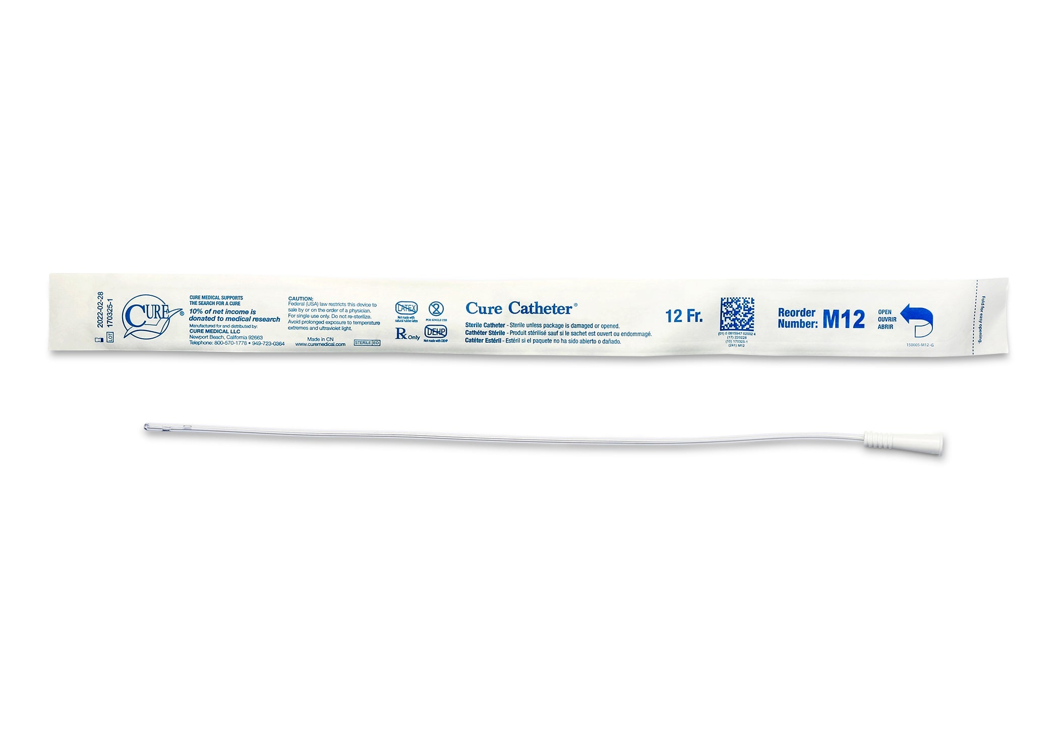 Cure Catheter Uncoated, Single, Male, 16" Straight Tip, 12 FR