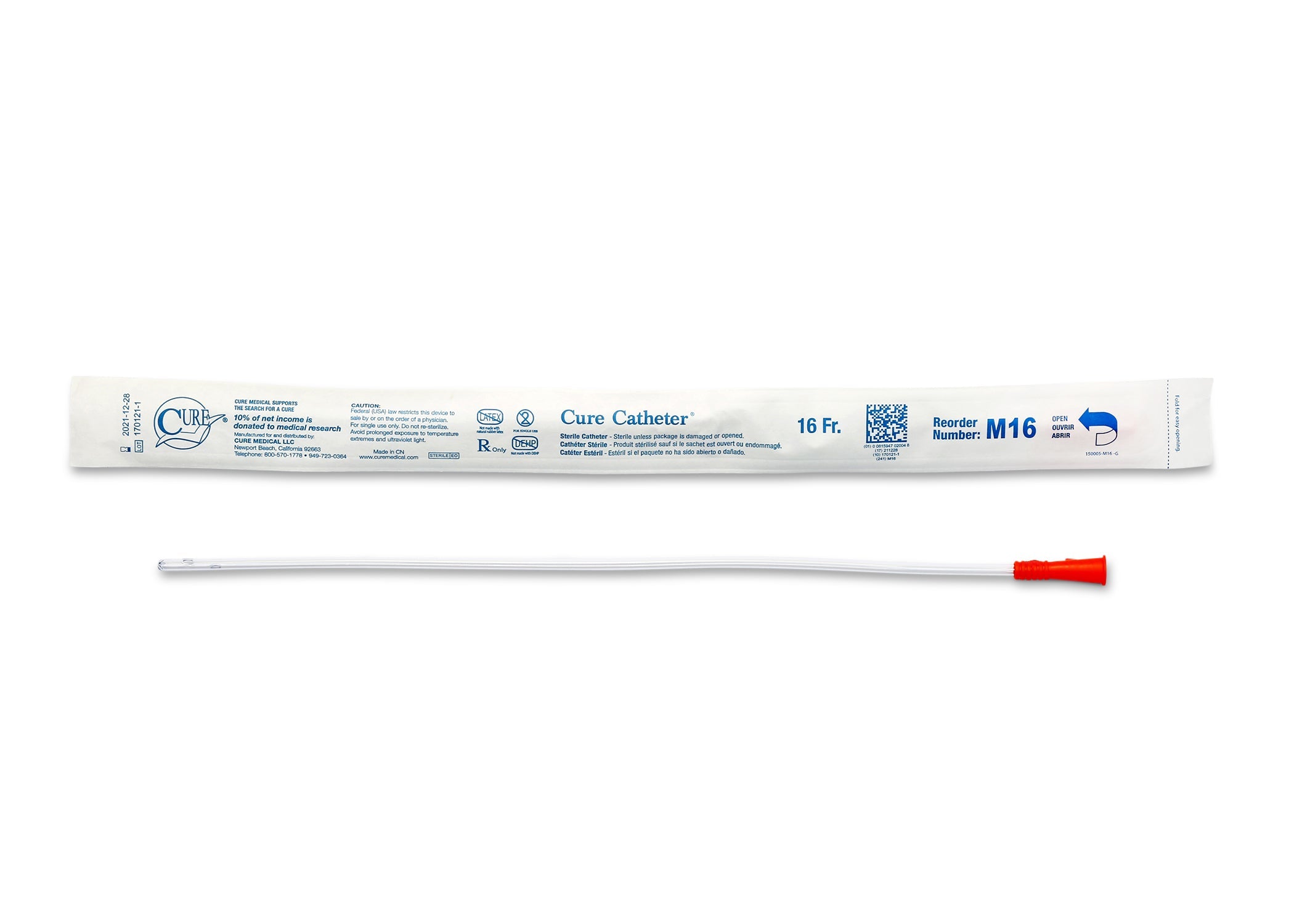 Cure Catheter Uncoated, Single, Male, 16" Straight Tip, 16 FR