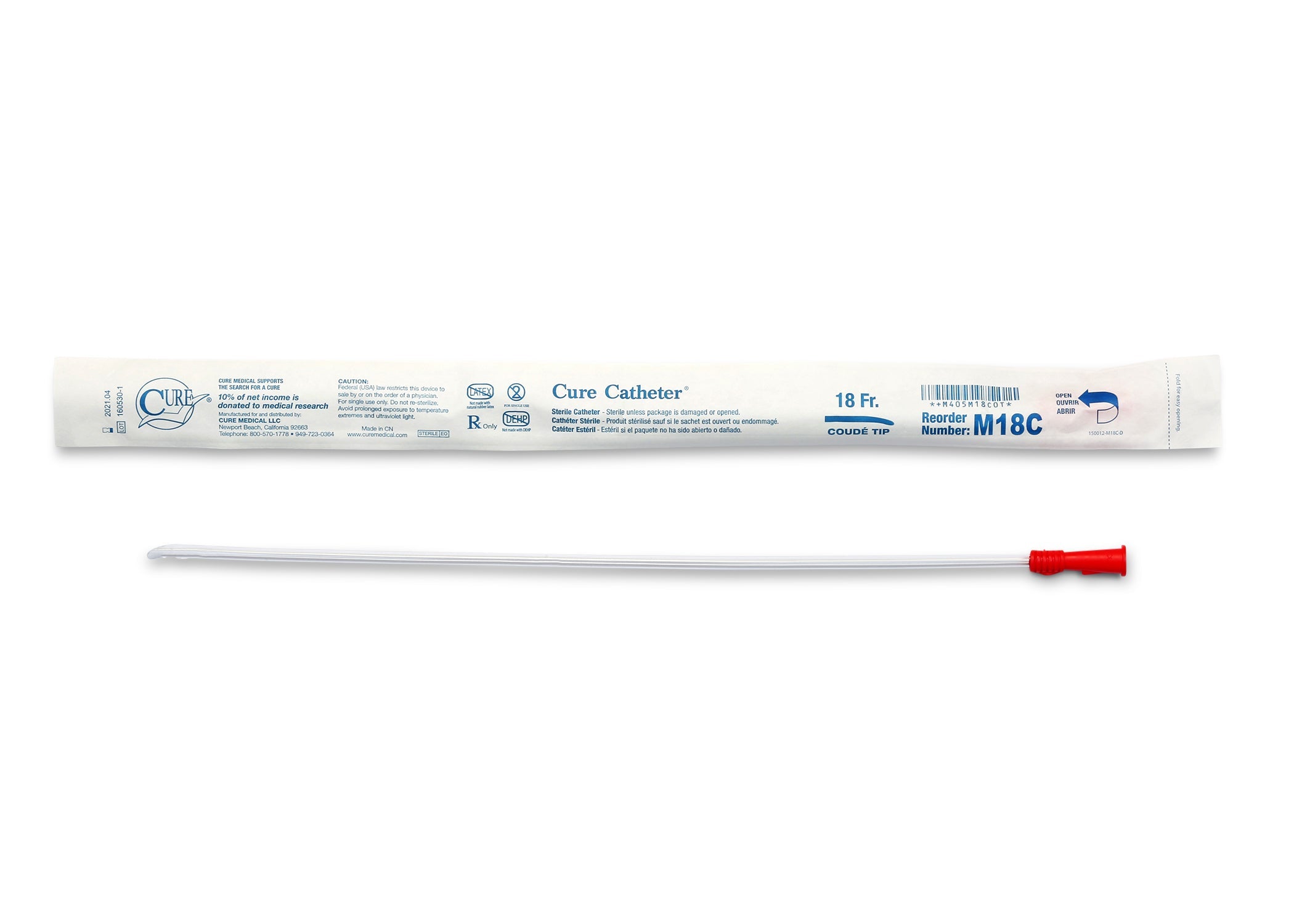 Cure Catheter Uncoated, Single, Male, 16" Coude Tip, 18 FR
