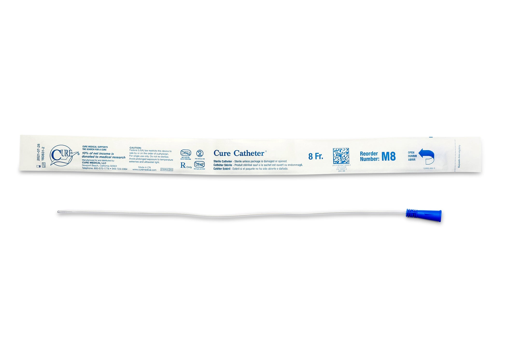 Cure Catheter Uncoated, Single, Male, 16" Straight Tip, 8 FR