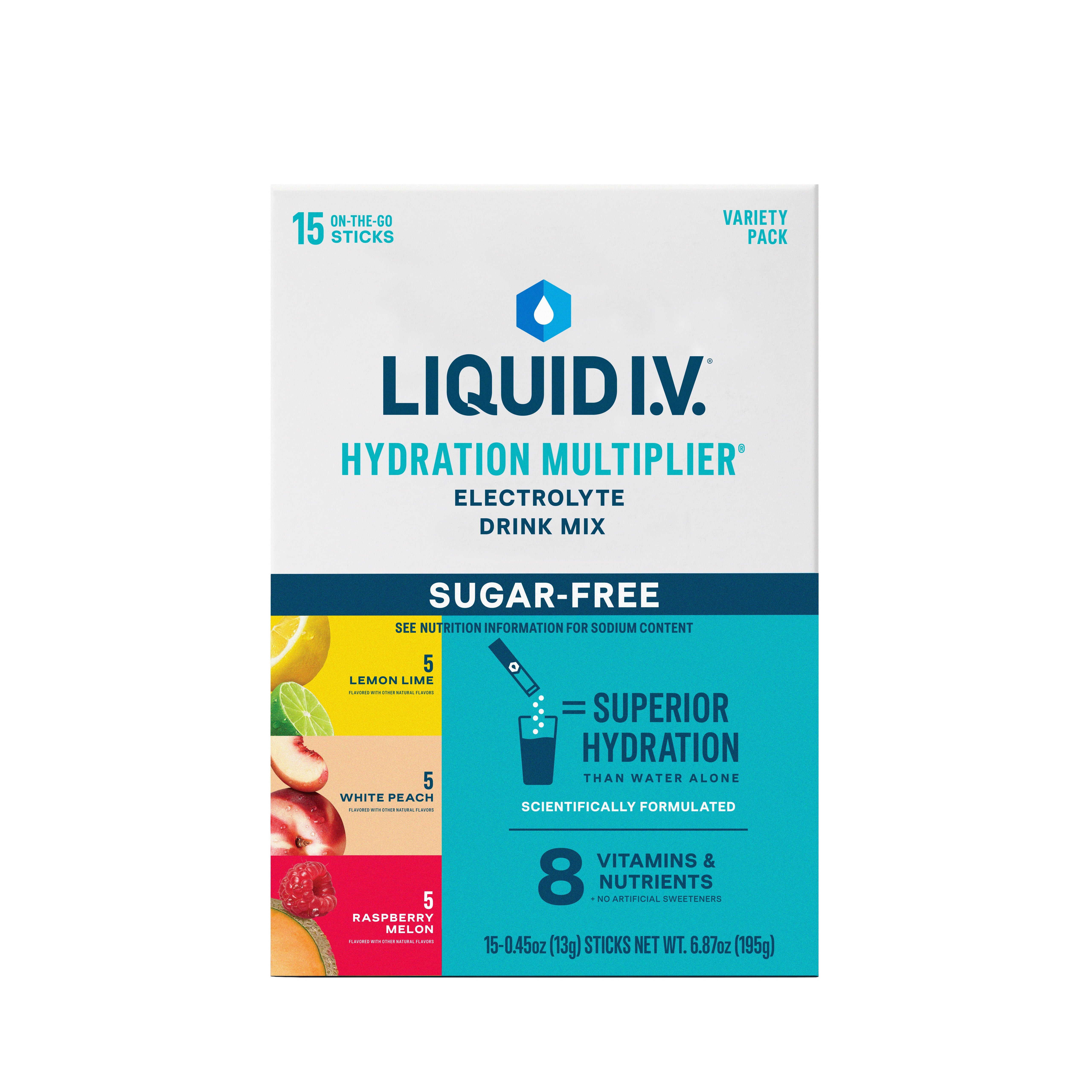 Liquid IV Electrolyte Drink Mix, Sugar Free Variety Pack (Lemon Lime, White Peach, Raspberry Melon), 15 ct 15 Box