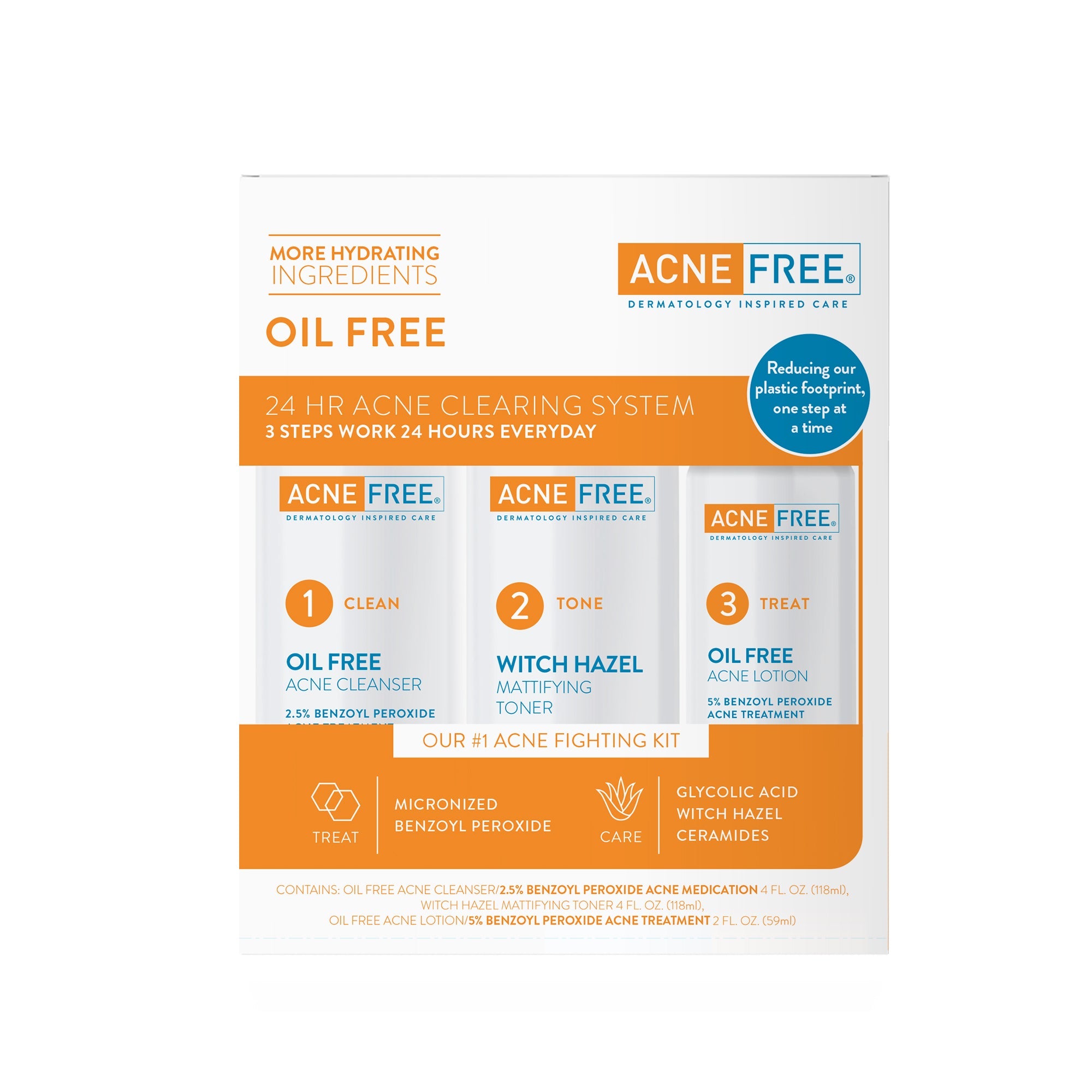 AcneFree Oil Free 24 HR Acne Clearing System, 3 Piece Kit
