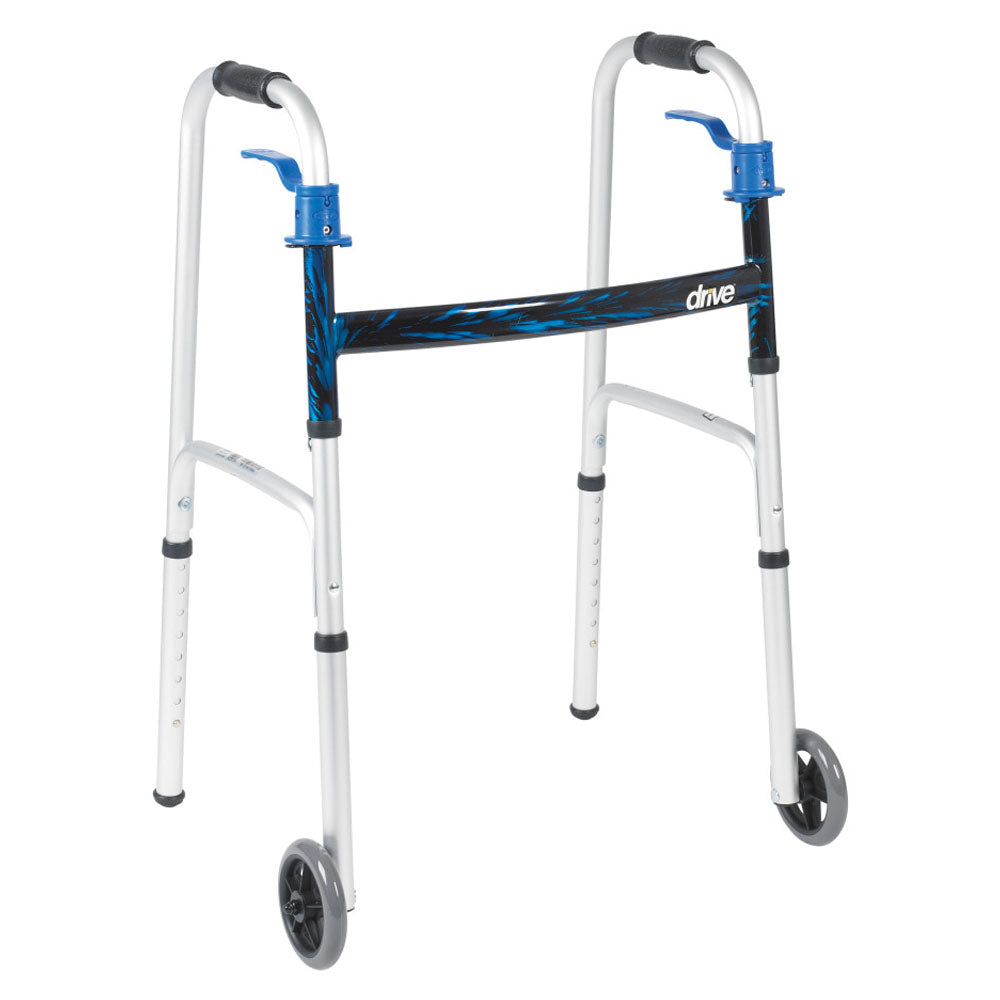 Deluxe Trigger Release Folding Adult Walker with 5" Wheels, Flame Blue Crossbrace 1 Each