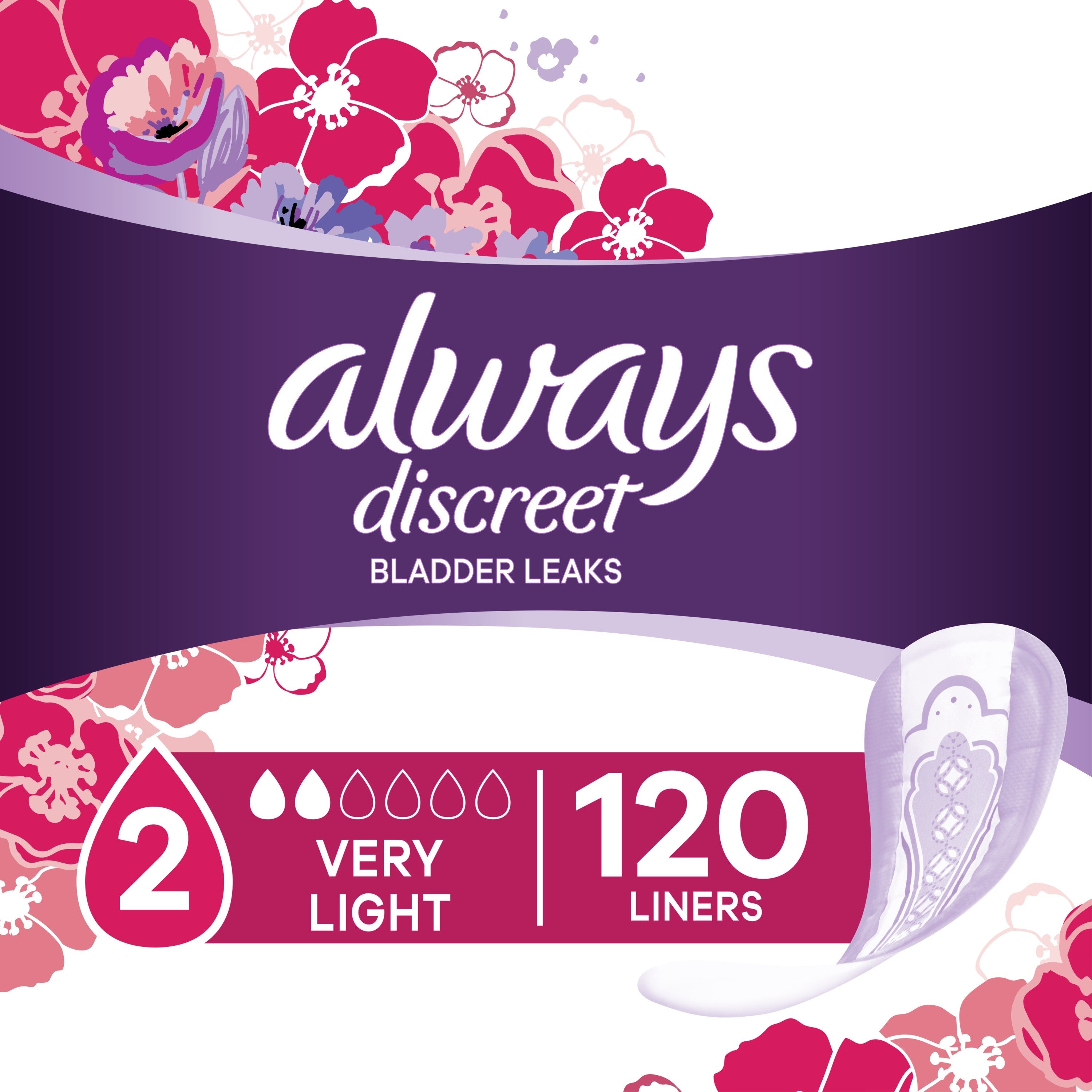 Always Discreet Incontinence Panty Liners, Very Light, 120 ct