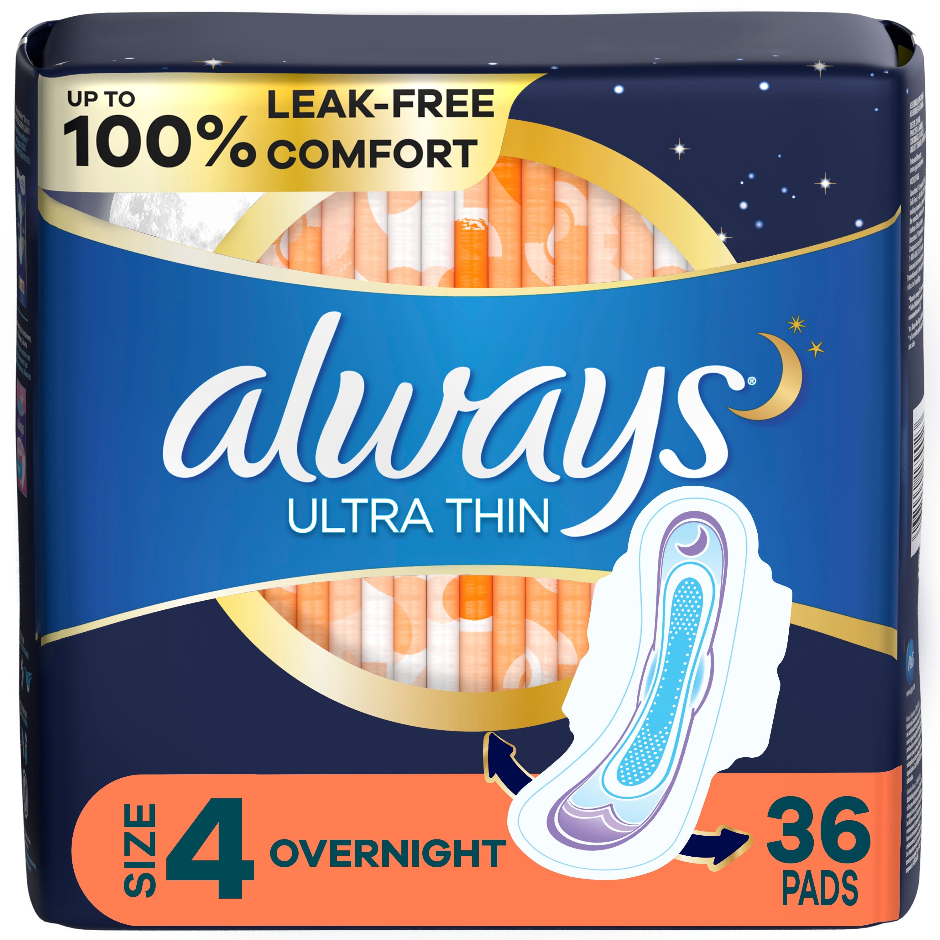 Always Ultra Thin Pads Overnight Absorbency Unscented with Wings, Size 4, 36 ct 36 Pack