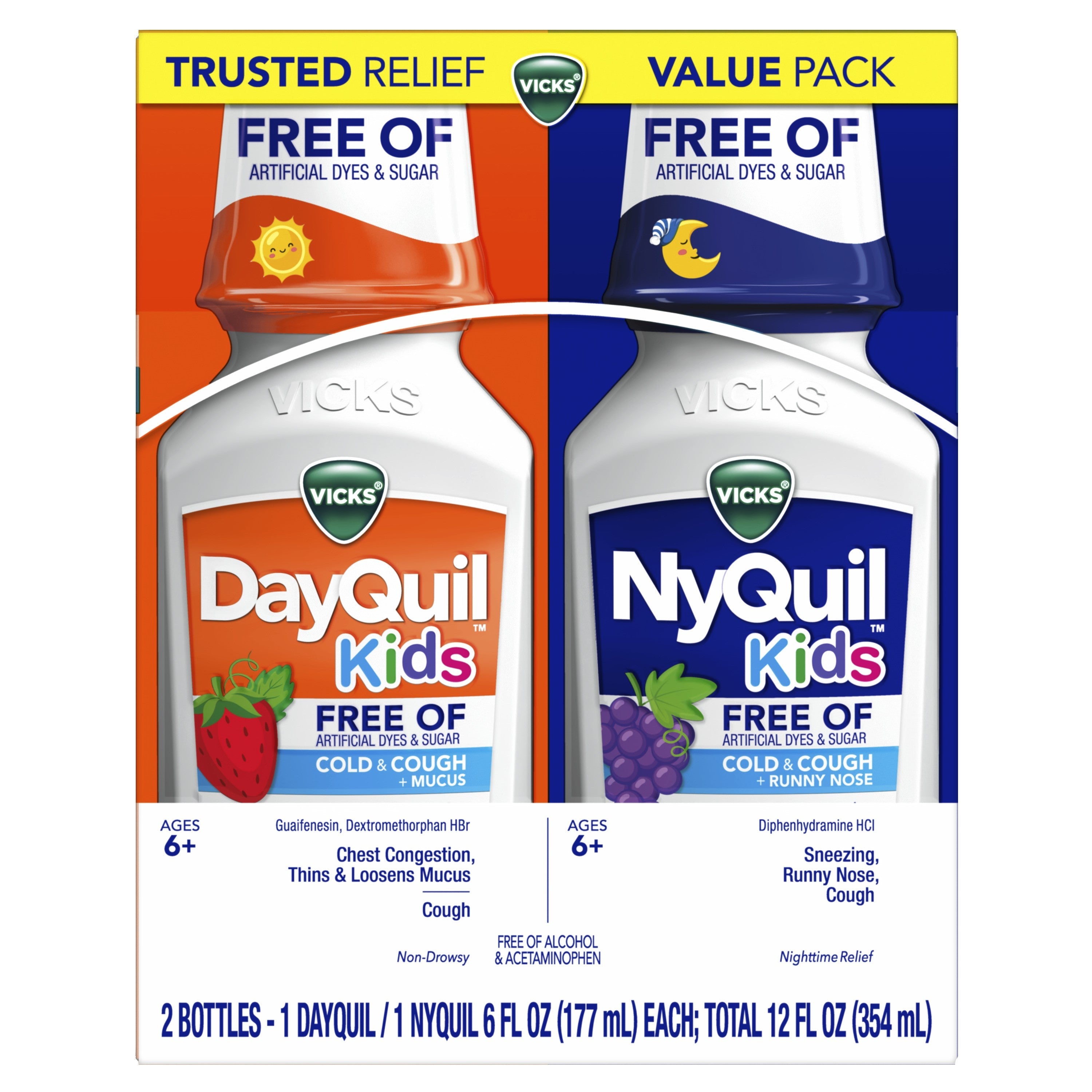 Vicks Kids DayQuil & NyQuil Cold & Cough Multi-Symptom Relief Liquid. Ages 6+, 2x6 oz