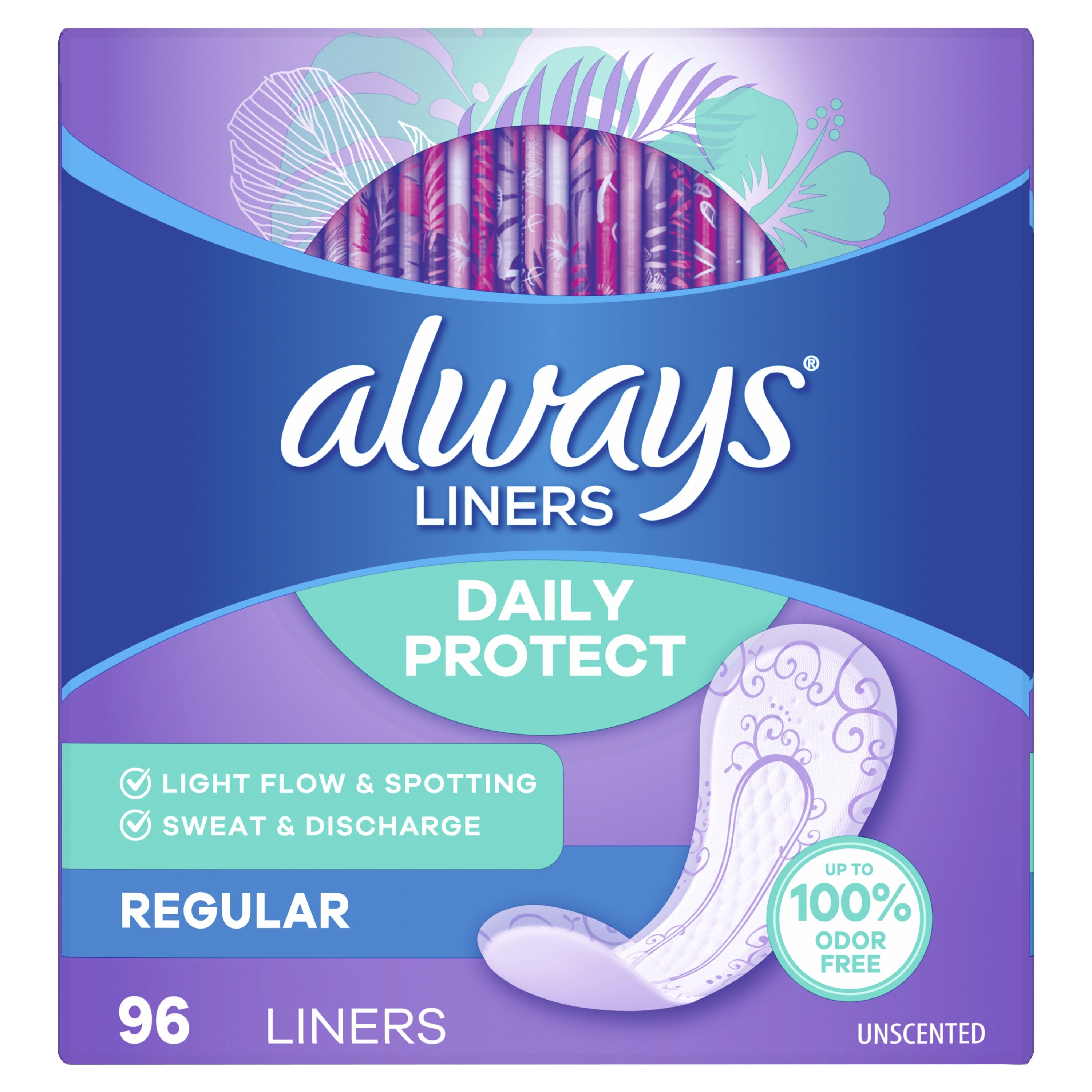 Always Daily Protect Liners, Regular Length, Unscented, 96 ct