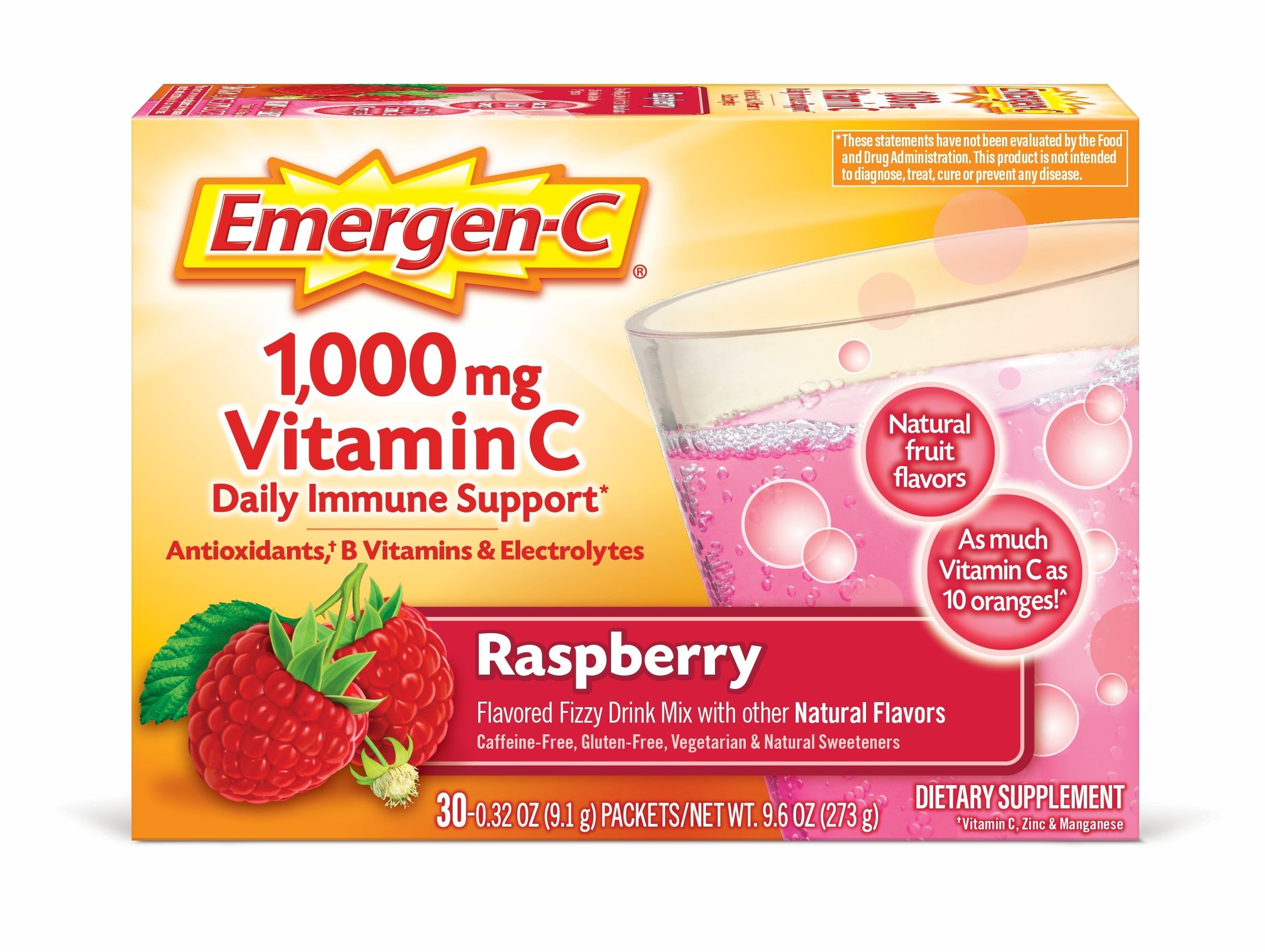 Emergen-C Vitamin C 1000mg Powder (30 Count, Raspberry Flavor, 1 Month Supply), With Antioxidants, B Vitamins and Electrolytes, Dietary Supplement Fizzy Drink Mix, Caffeine Free 1 Each