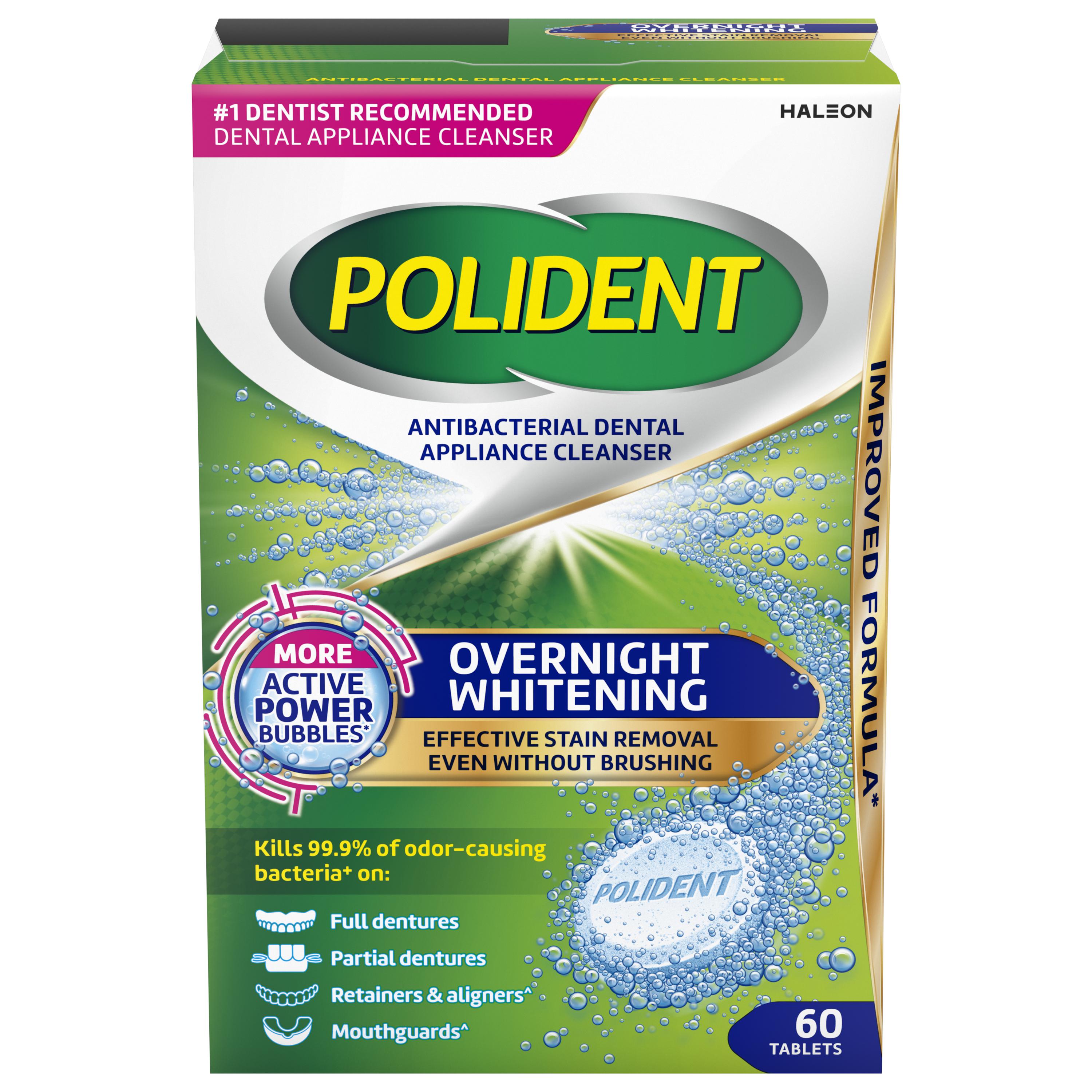 Polident Overnight Whitening Antibacterial Dental Appliance Cleanser Tablets, 60 Count
