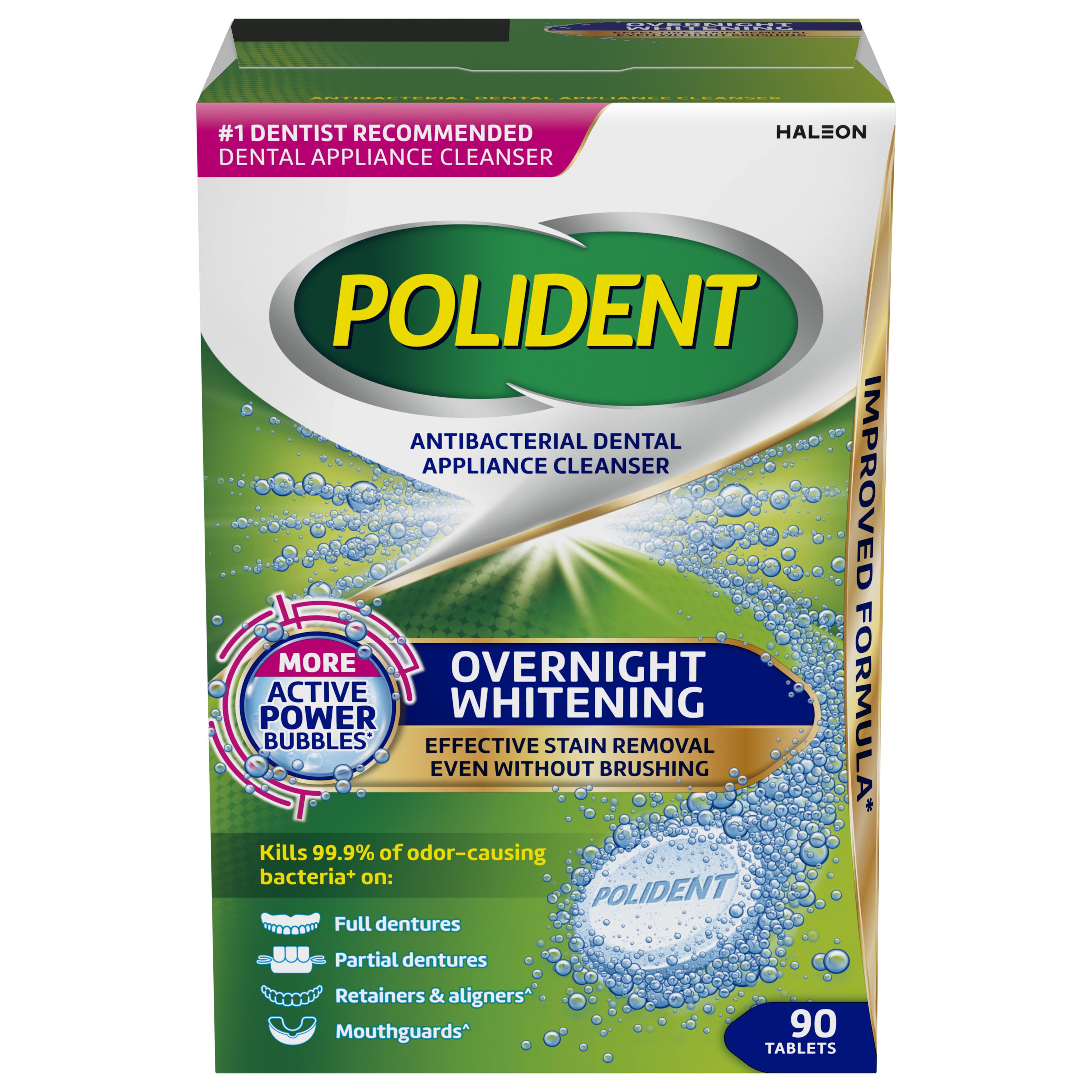 Polident Overnight Whitening Antibacterial Dental Appliance Cleanser Tablets, 90 Count