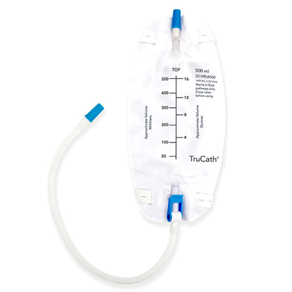 TruCath Leg Bag, 500 mL, Flip-Drainage Valve, Premium Flocked Backing, Pre-attached Elastic Leg Straps, Sterile Fluid Pathway