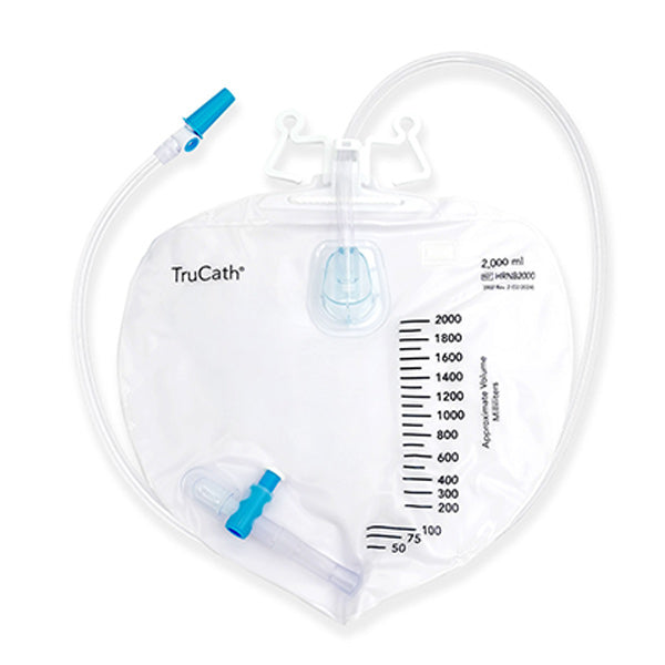 TruCath Night Drainage Bag, 2000 mL, Drip Chamber, T-tap Drainage Valve, Needleless Access Port, 48" of Tubing, Double Hanger, Sterile Fluid Pathway
