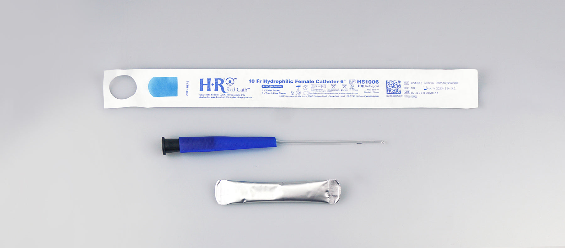 TruCath Hydrophilic Catheter with water bag and touch free sleeve, 10FR, 6"