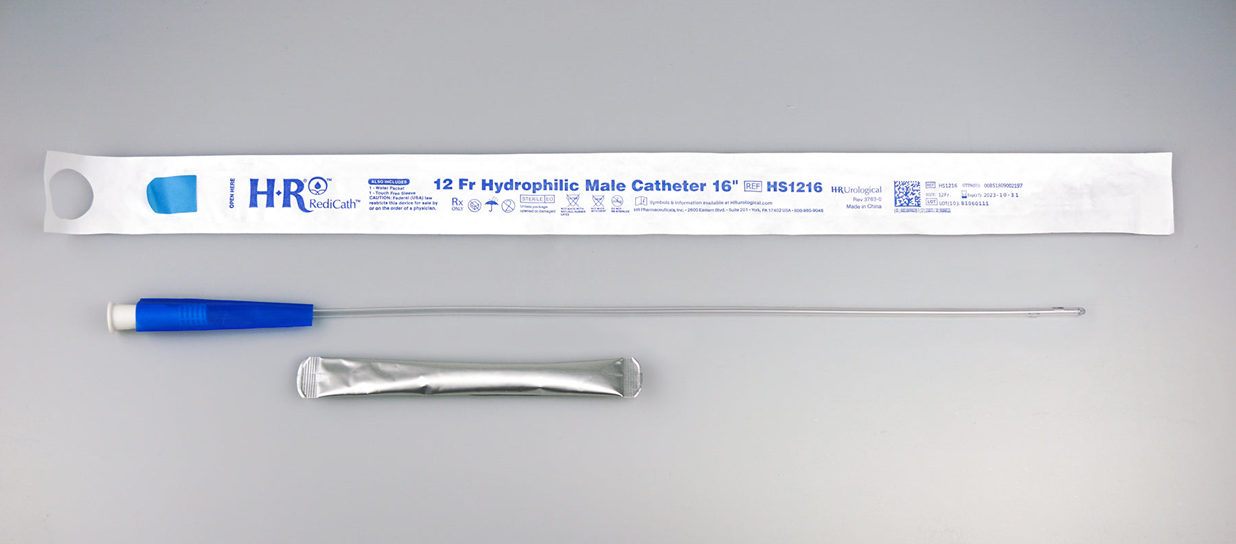 TruCath Hydrophilic Catheter with water bag and touch free sleeve, 12FR, 16"