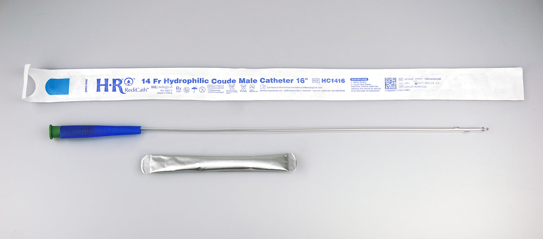 TruCath Hydrophilic Catheter with water bag and touch free sleeve, 14FR, 16"