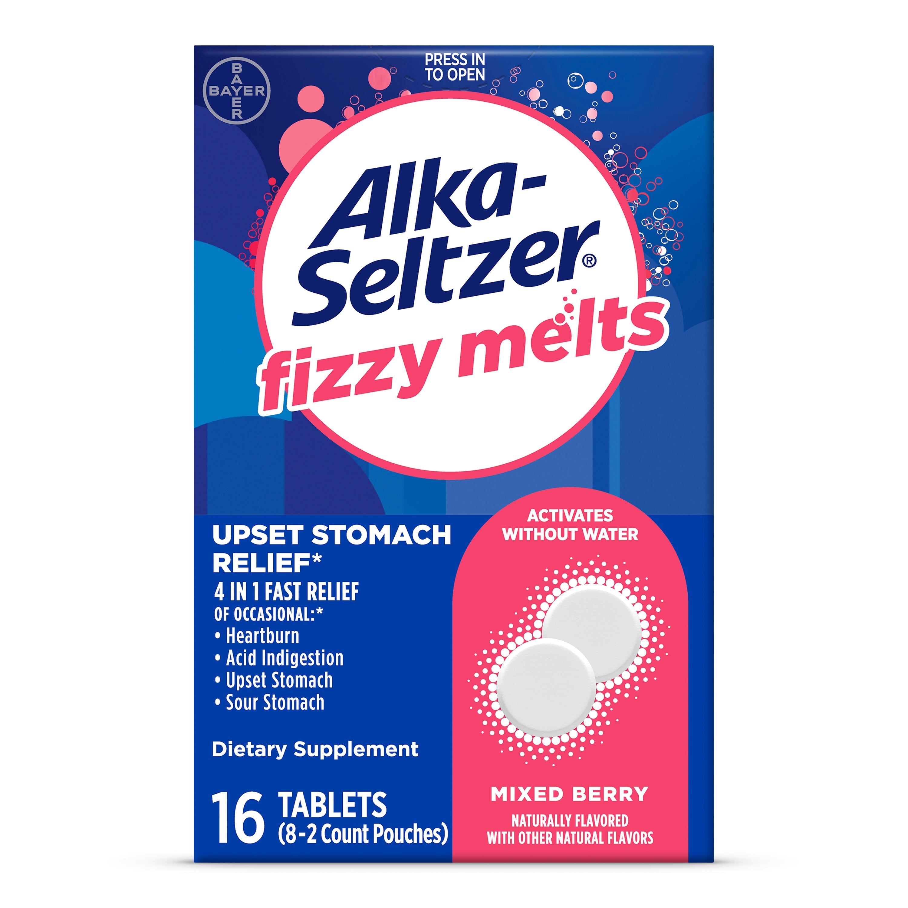 Alka-Seltzer Fizzy Upset Stomach Relief Melts Tablets Mixed Berry, 16 CT 16 Box