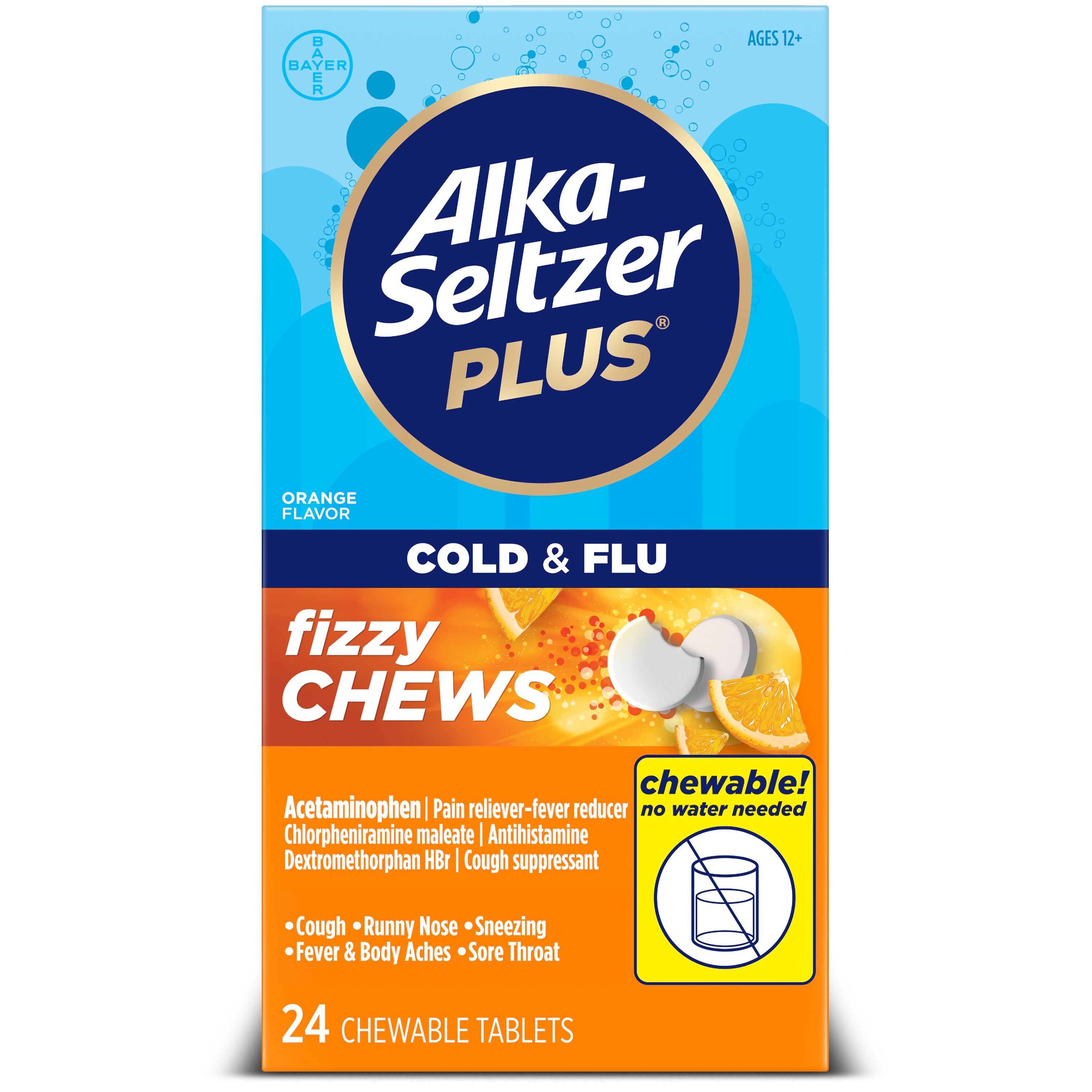 Alka-Seltzer Plus Fizzy Chews Cold & Flu Tablets, Orange, 24 CT 24 Box